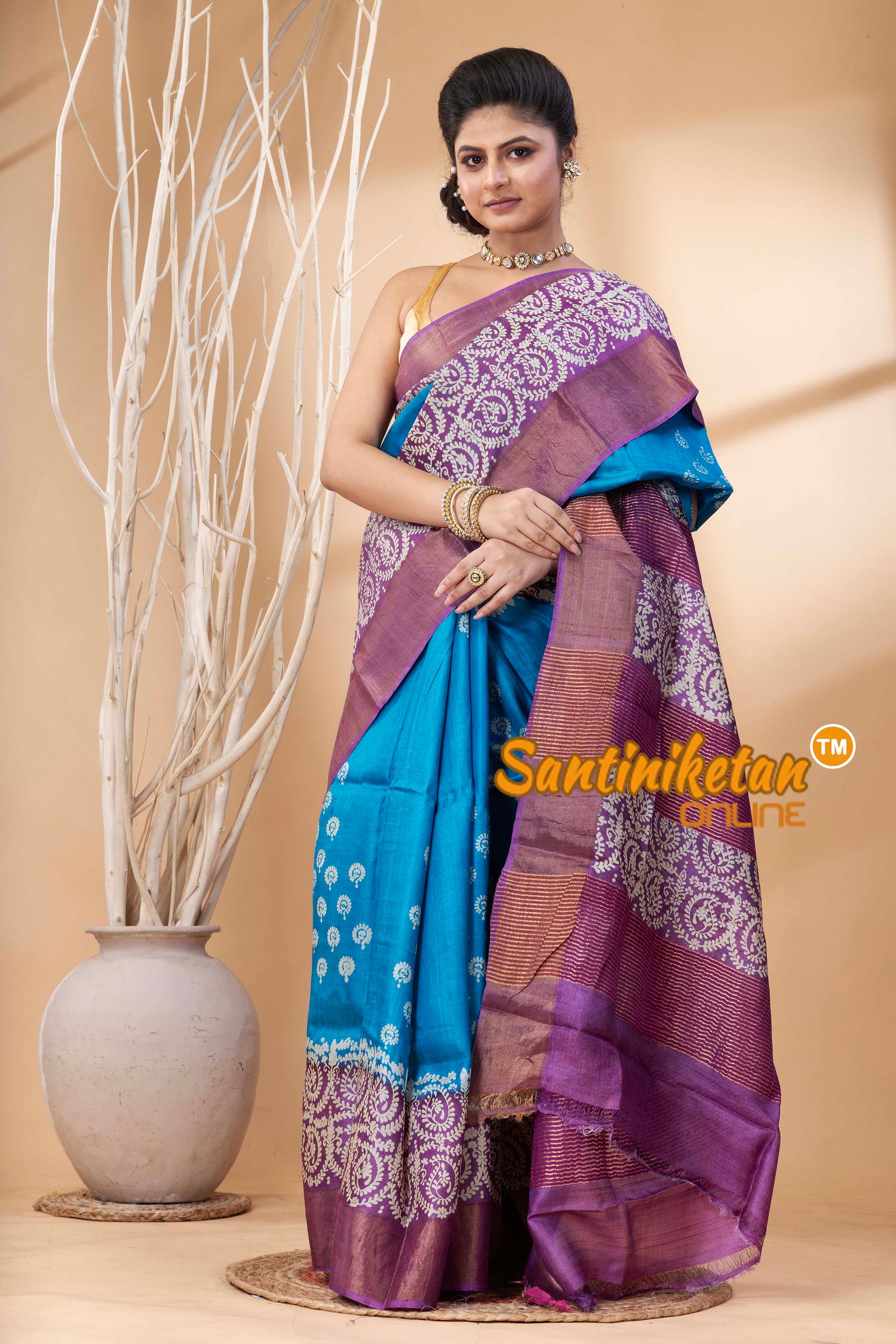 Pure Zari Tussar Hand Block Painted Saree SN202524501