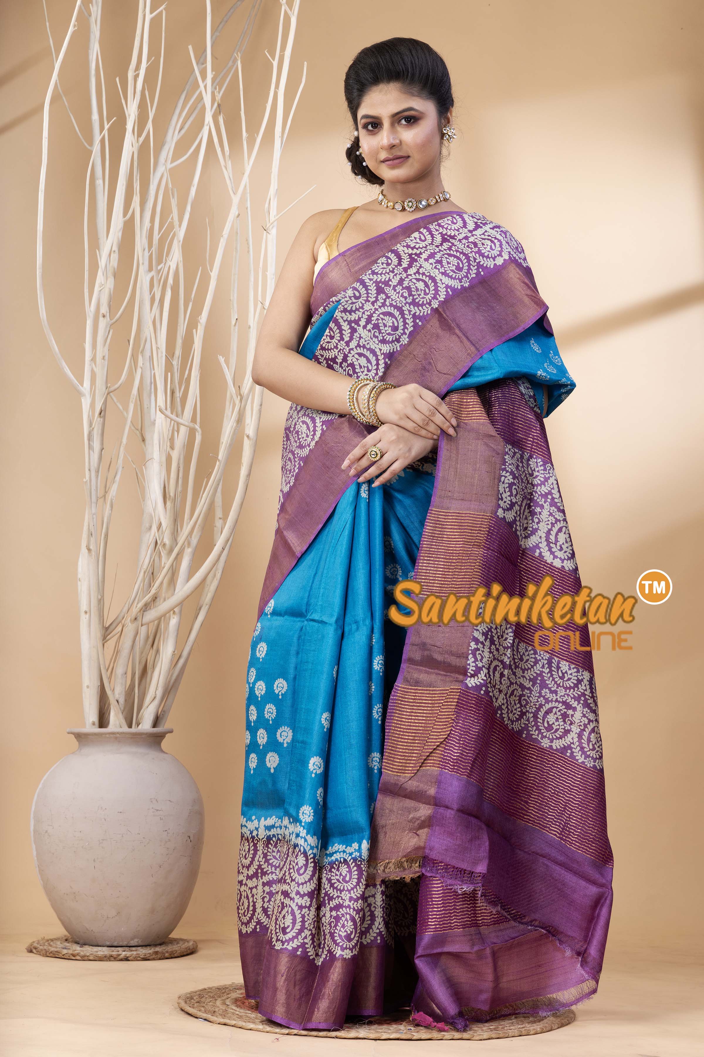 Pure Zari Tussar Hand Block Painted Saree SN202524501