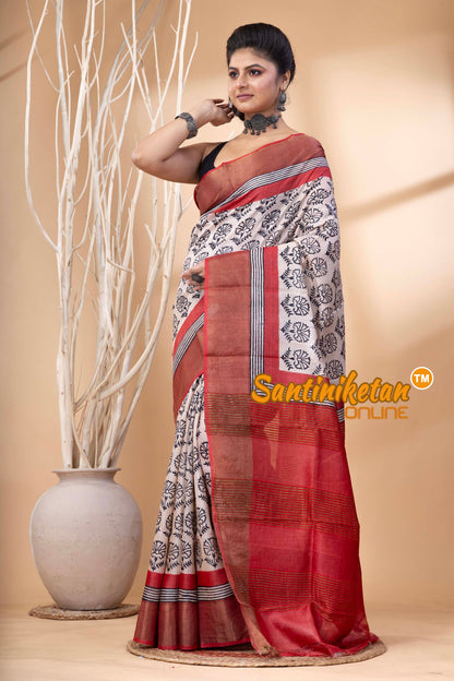 Pure Zari Tussar Hand Block Painted Saree SN202524513