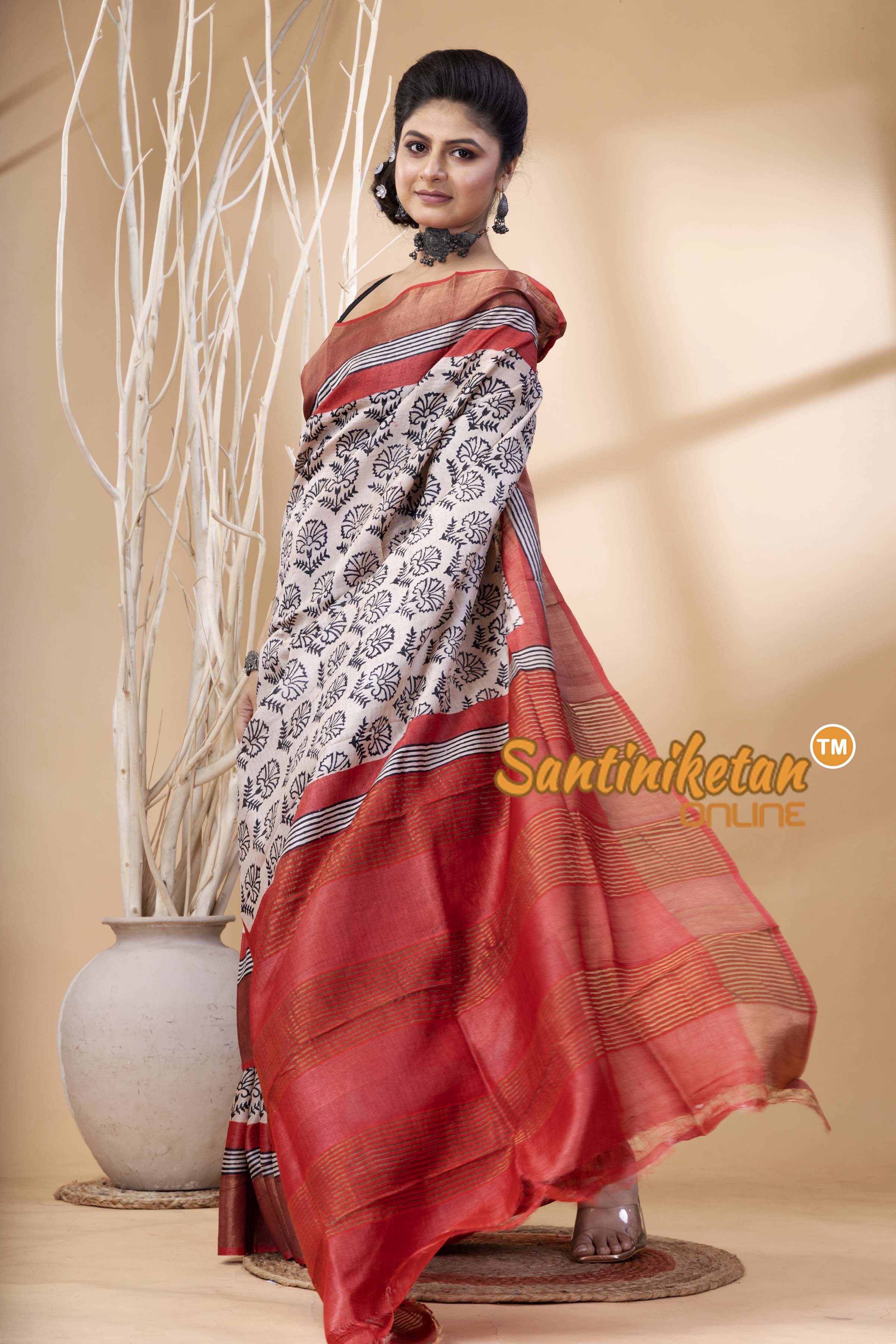 Pure Zari Tussar Hand Block Painted Saree SN202524513