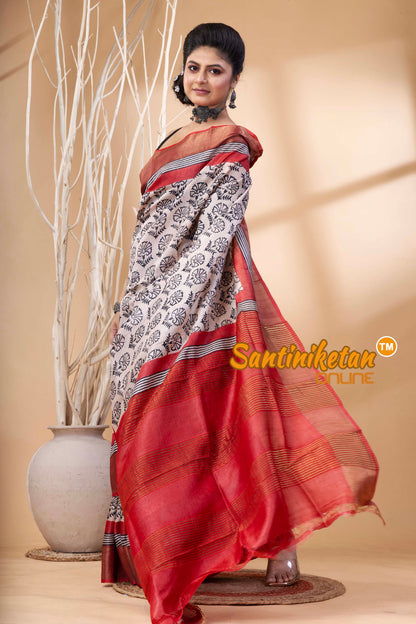 Pure Zari Tussar Hand Block Painted Saree SN202524513