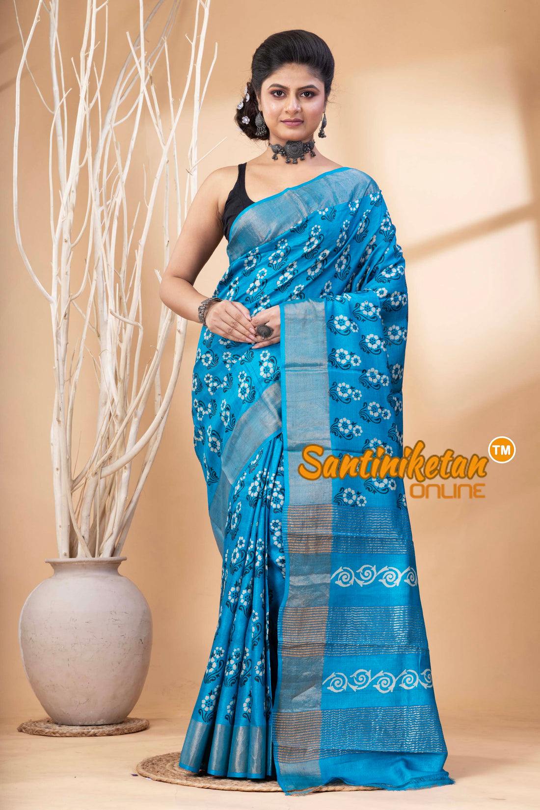 Pure Zari Tussar Hand Block Painted Saree SN202524555