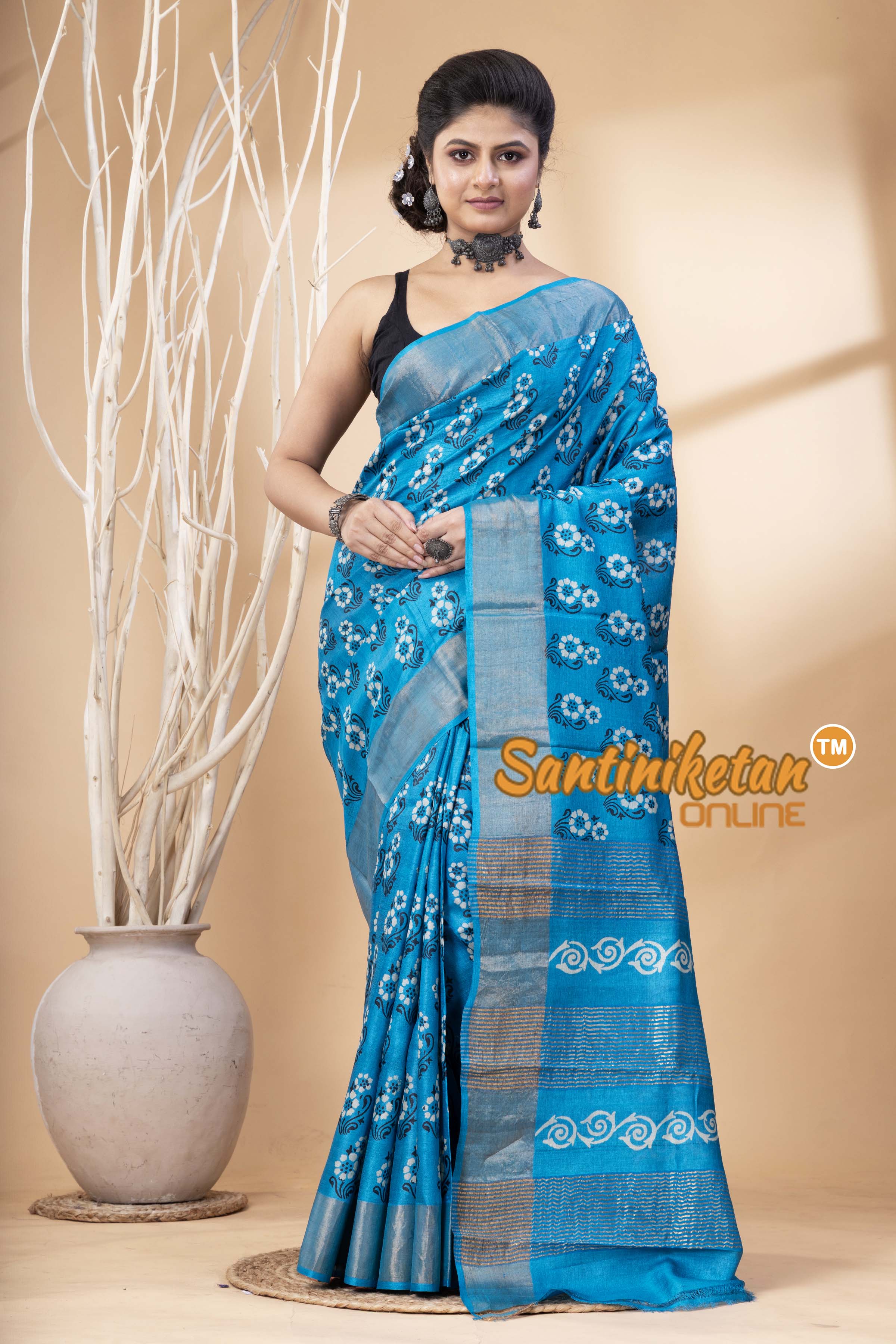 Pure Zari Tussar Hand Block Painted Saree SN202524555