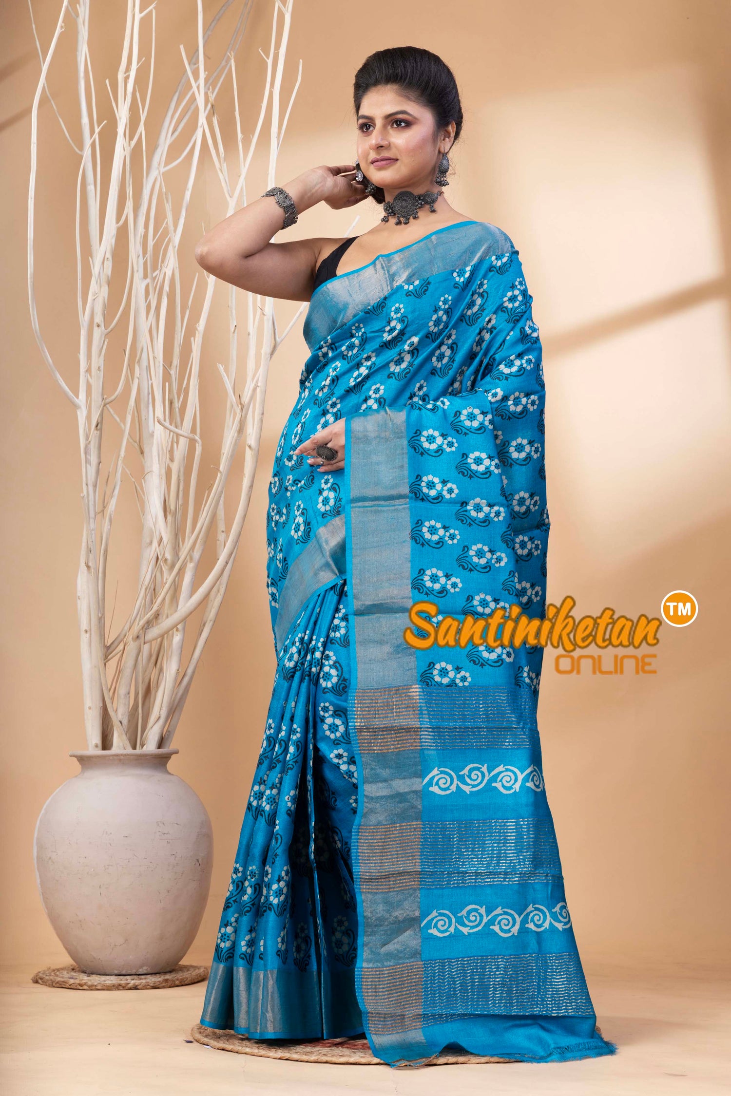 Pure Zari Tussar Hand Block Painted Saree SN202524555