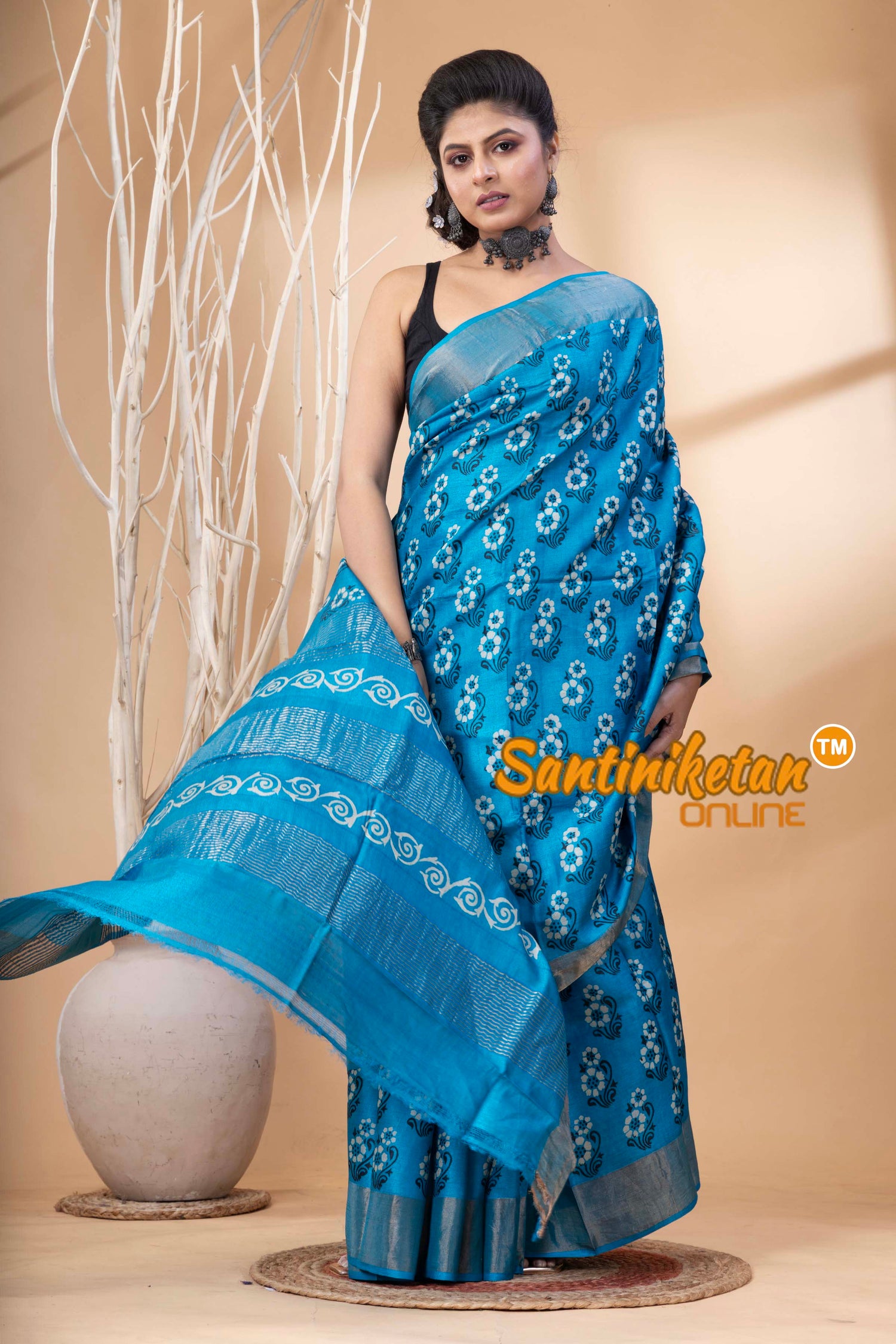 Pure Zari Tussar Hand Block Painted Saree SN202524555