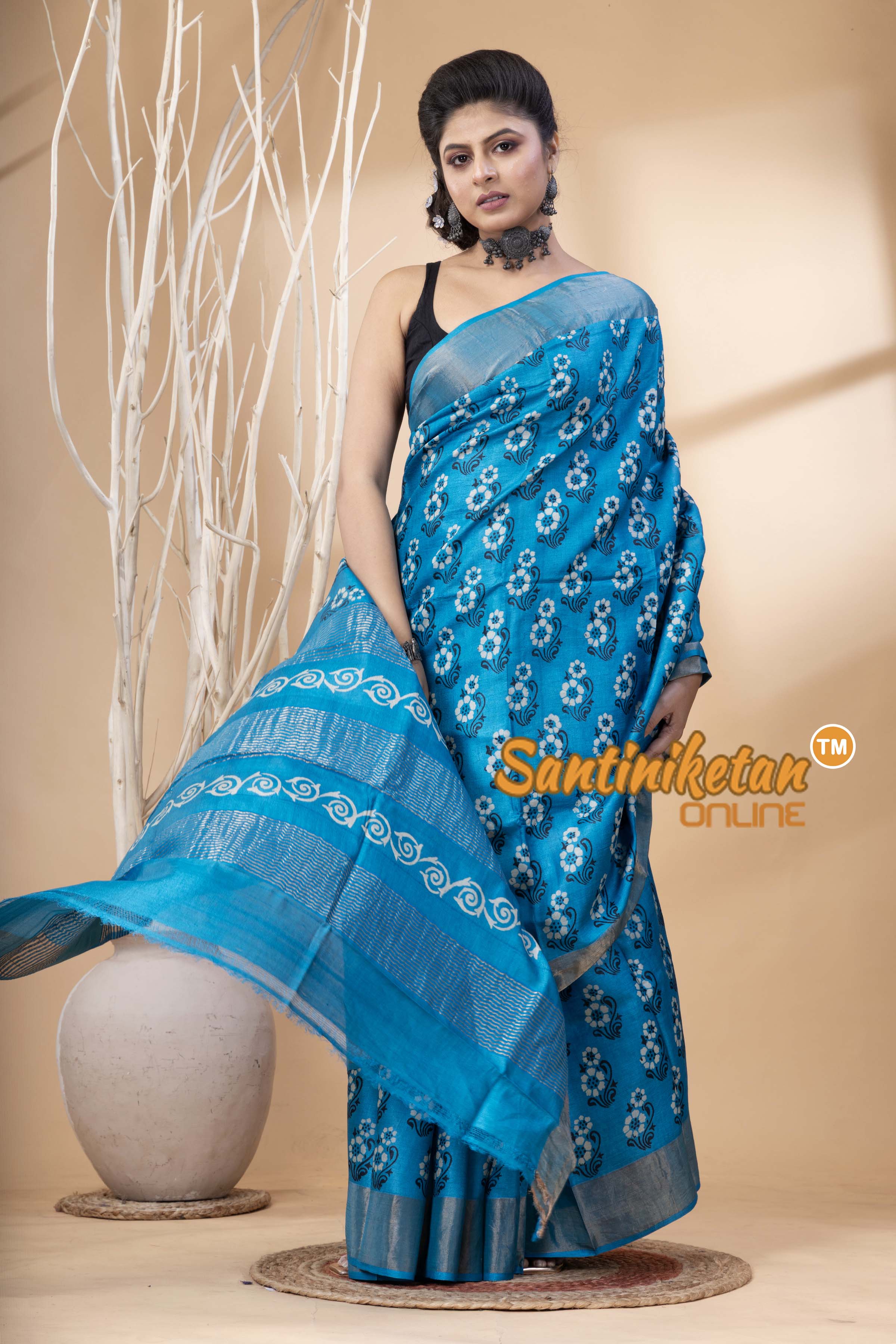 Pure Zari Tussar Hand Block Painted Saree SN202524555