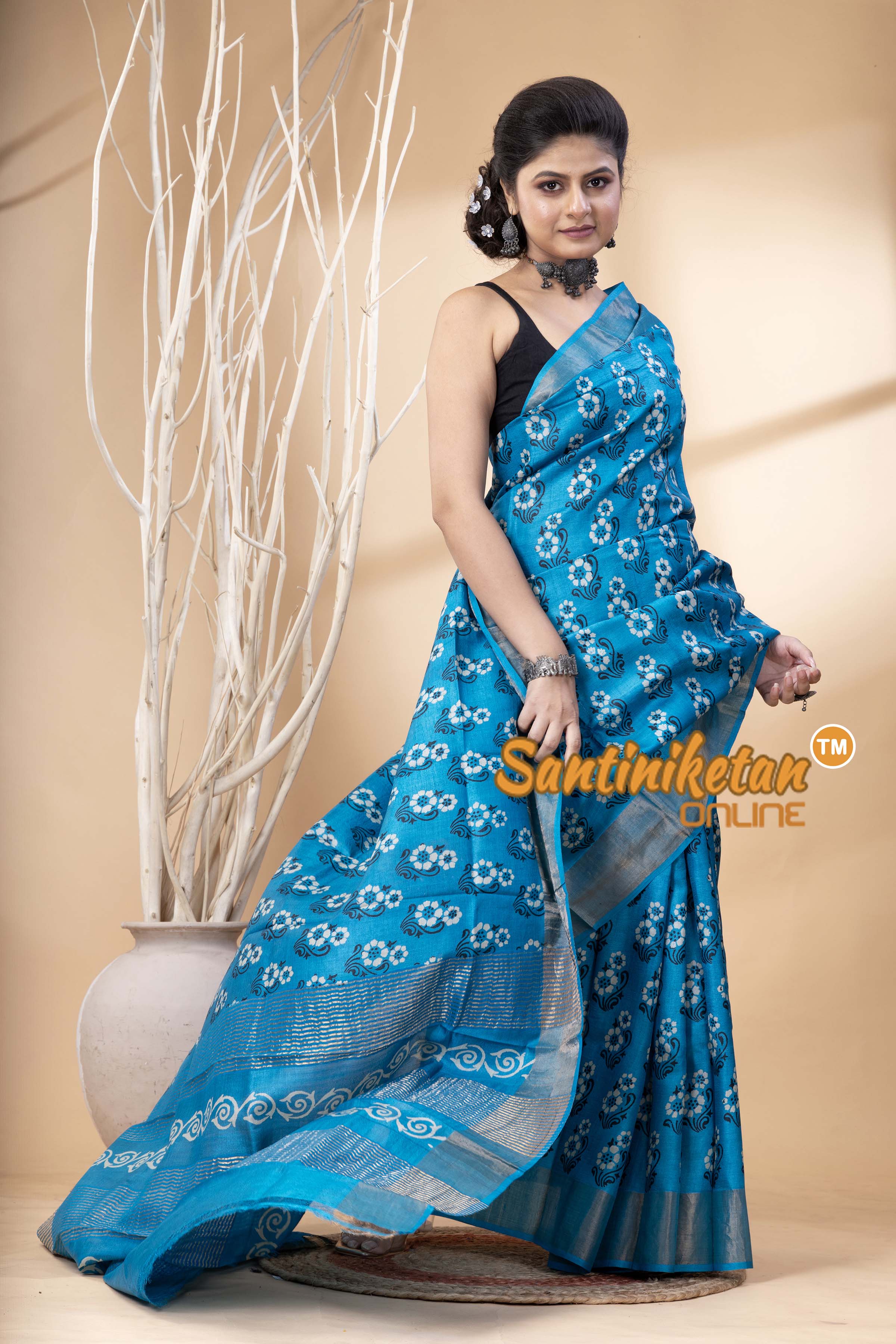 Pure Zari Tussar Hand Block Painted Saree SN202524555