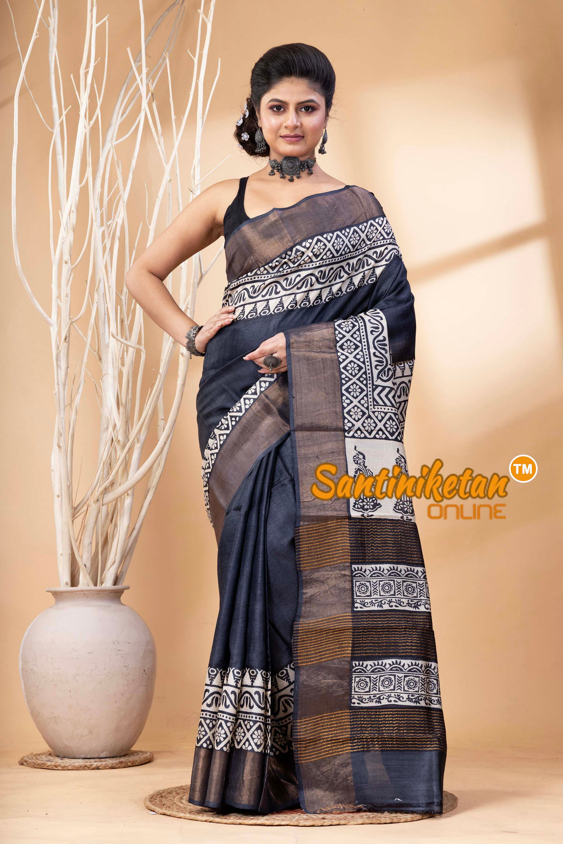 Pure Zari Tussar Hand Block Painted Saree SN202524580