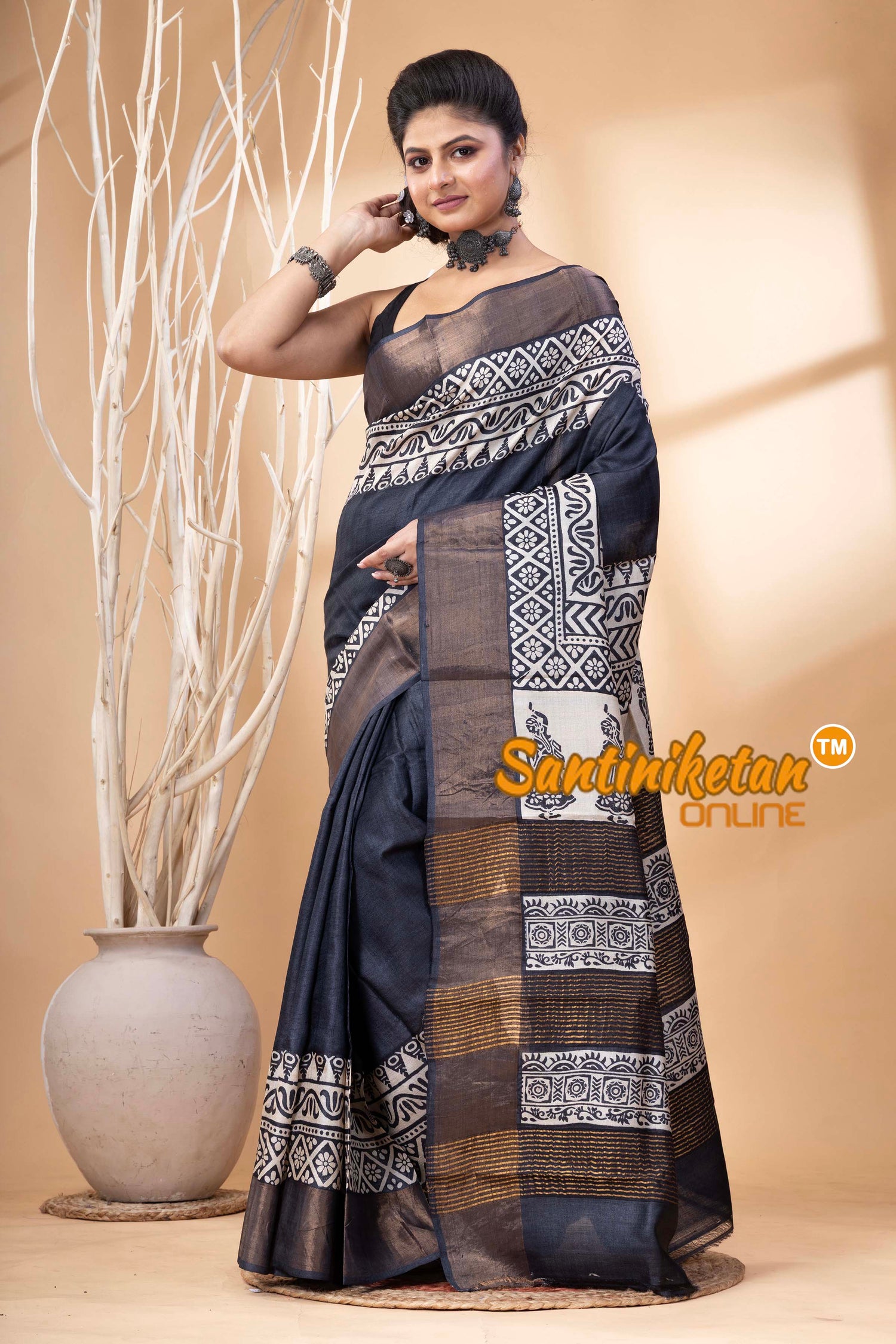 Pure Zari Tussar Hand Block Painted Saree SN202524580