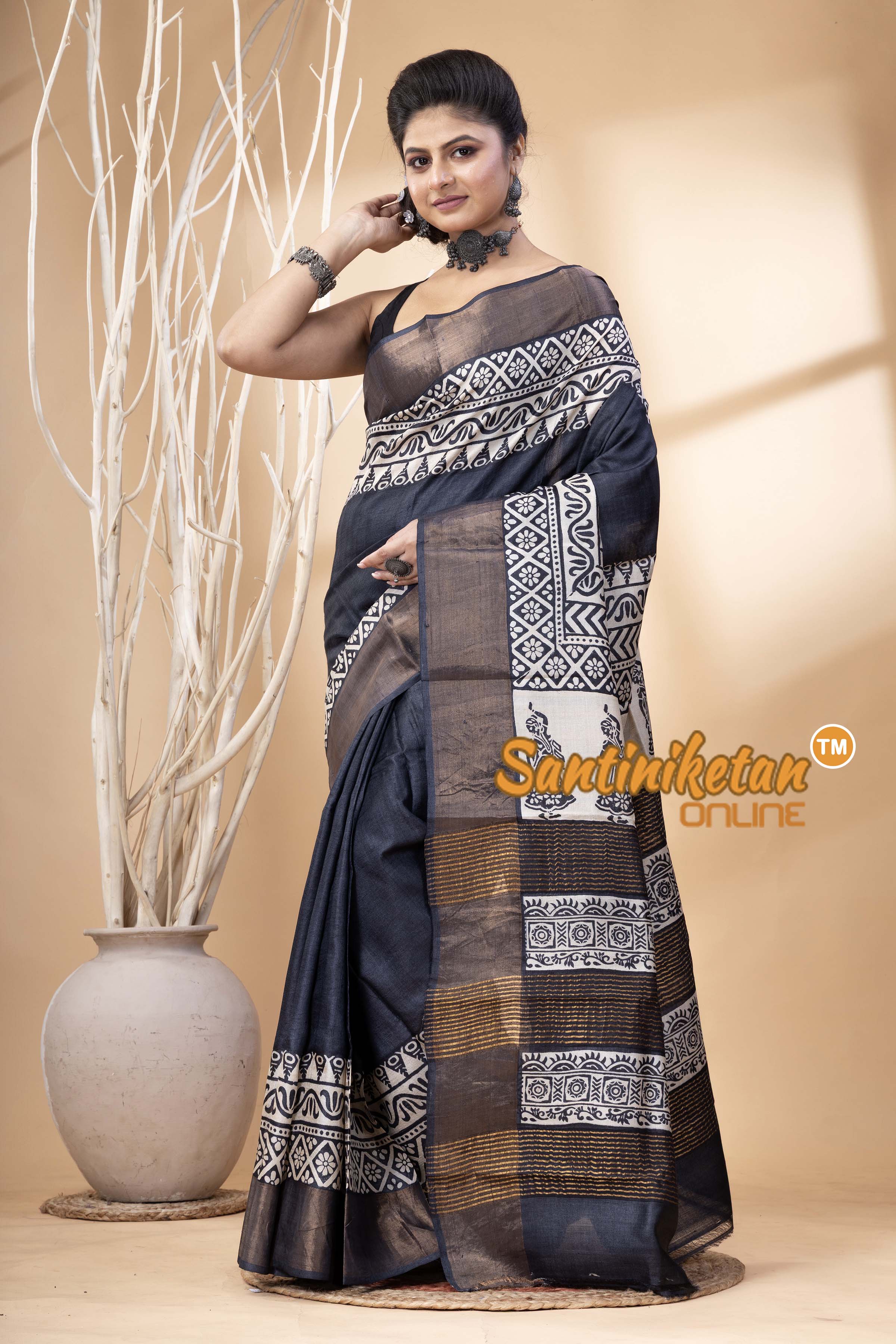 Pure Zari Tussar Hand Block Painted Saree SN202524580