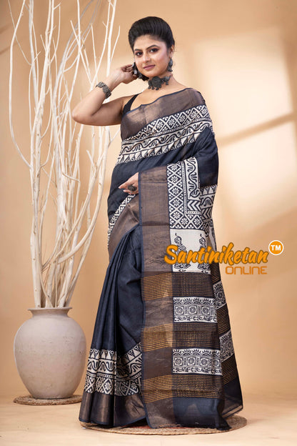 Pure Zari Tussar Hand Block Painted Saree SN202524580