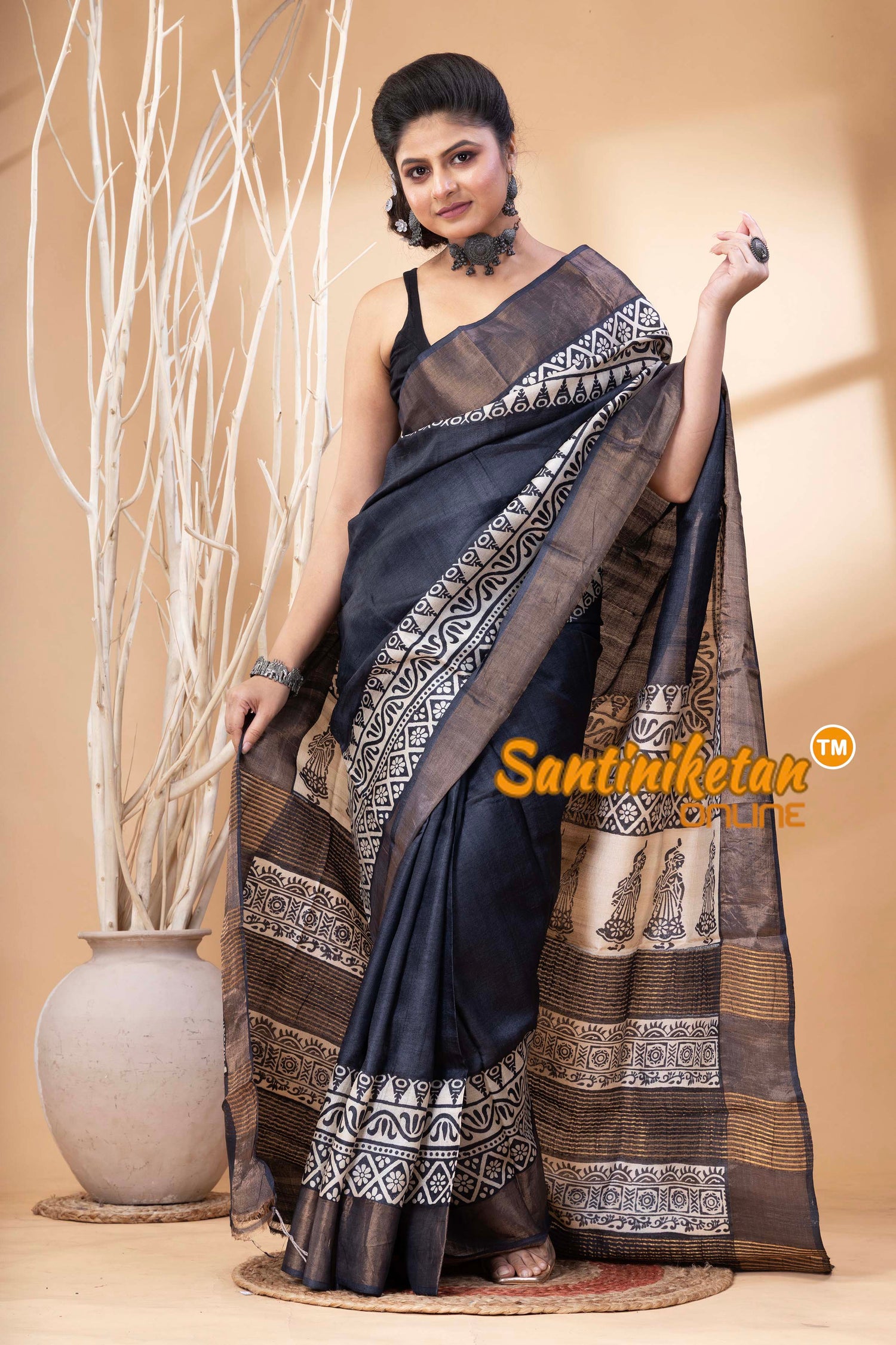 Pure Zari Tussar Hand Block Painted Saree SN202524580