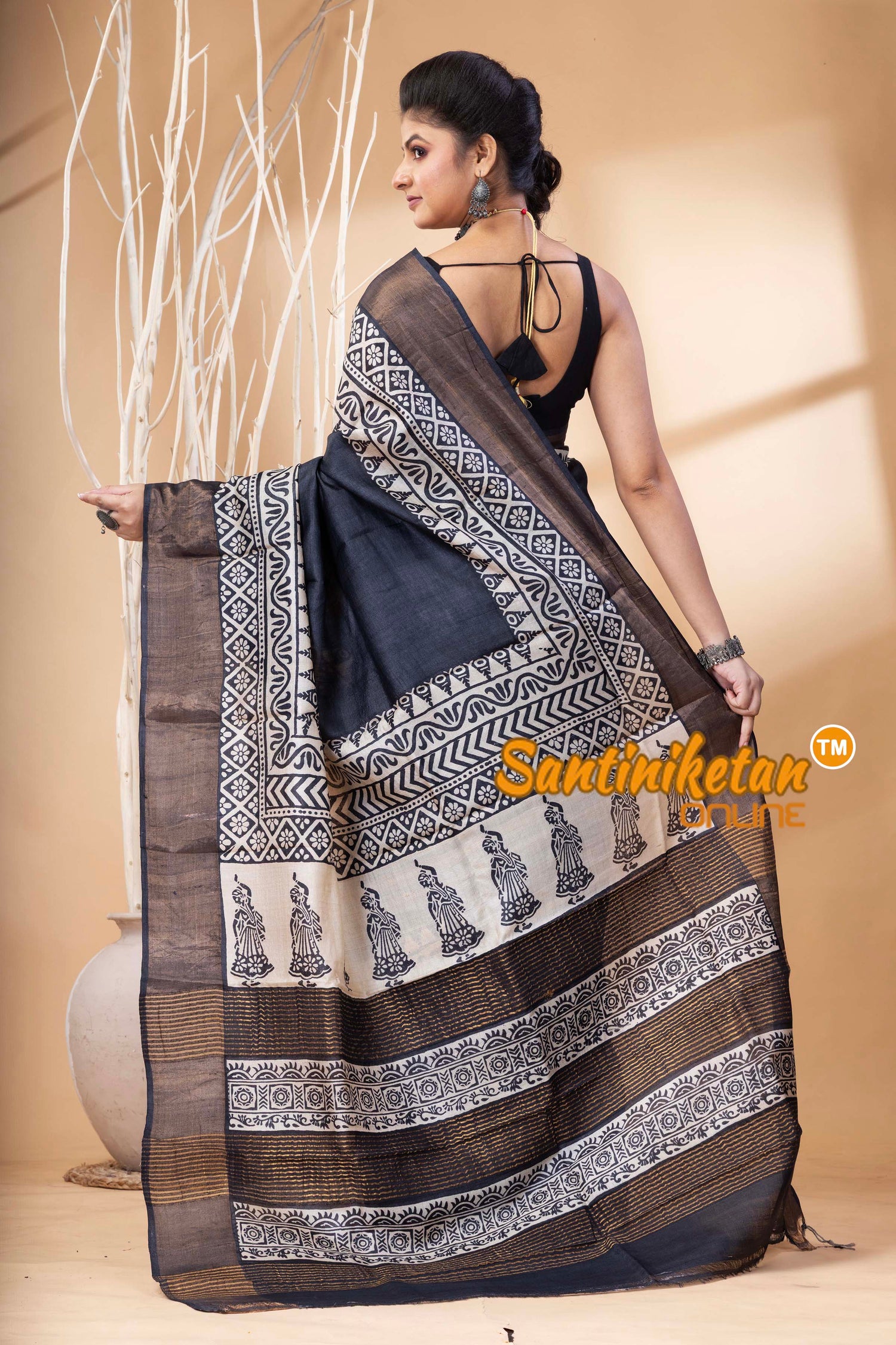 Pure Zari Tussar Hand Block Painted Saree SN202524580