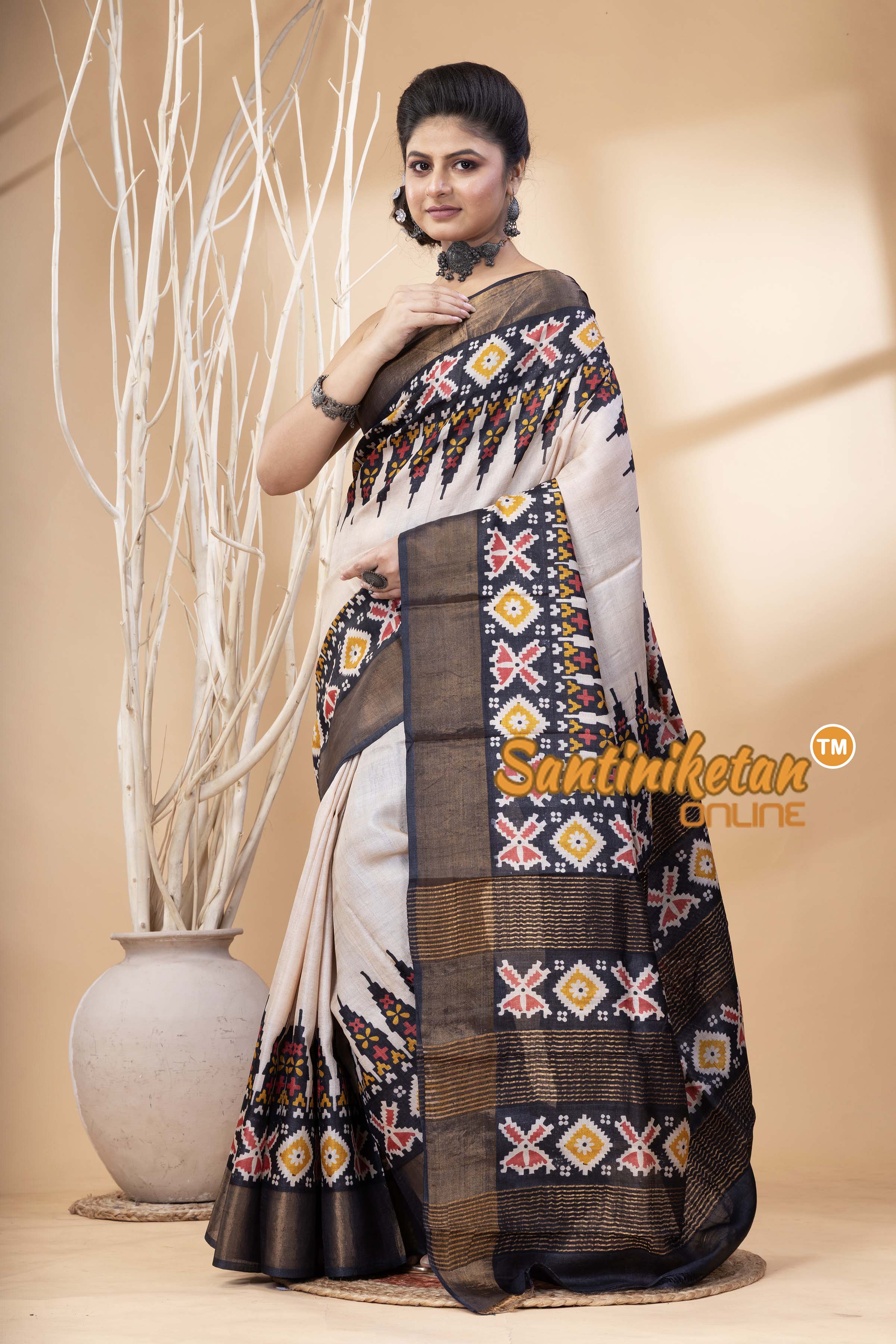Pure Zari Tussar Hand Block Painted Saree SN202524586