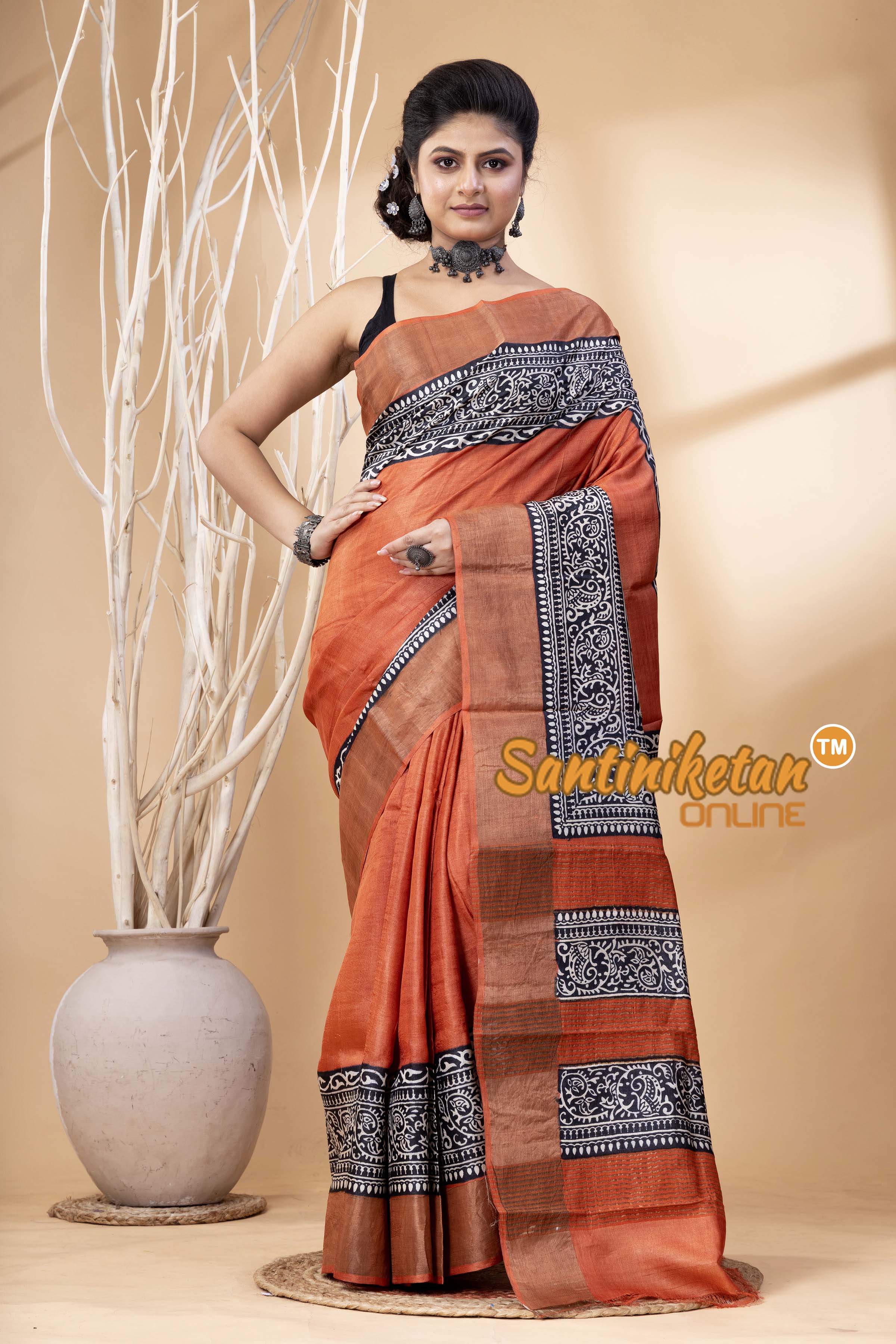 Pure Zari Tussar Hand Block Painted Saree SN202524598
