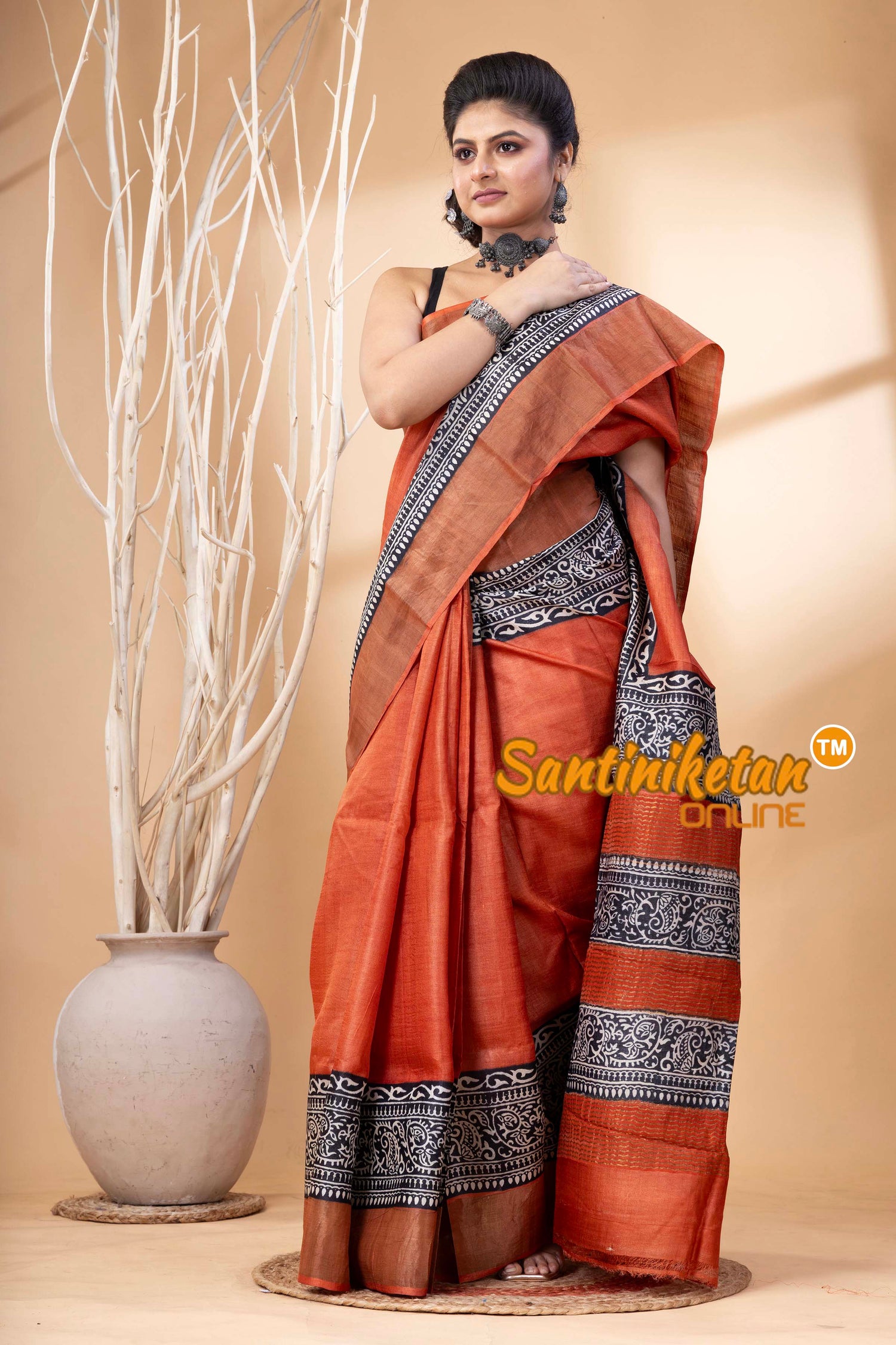 Pure Zari Tussar Hand Block Painted Saree SN202524598