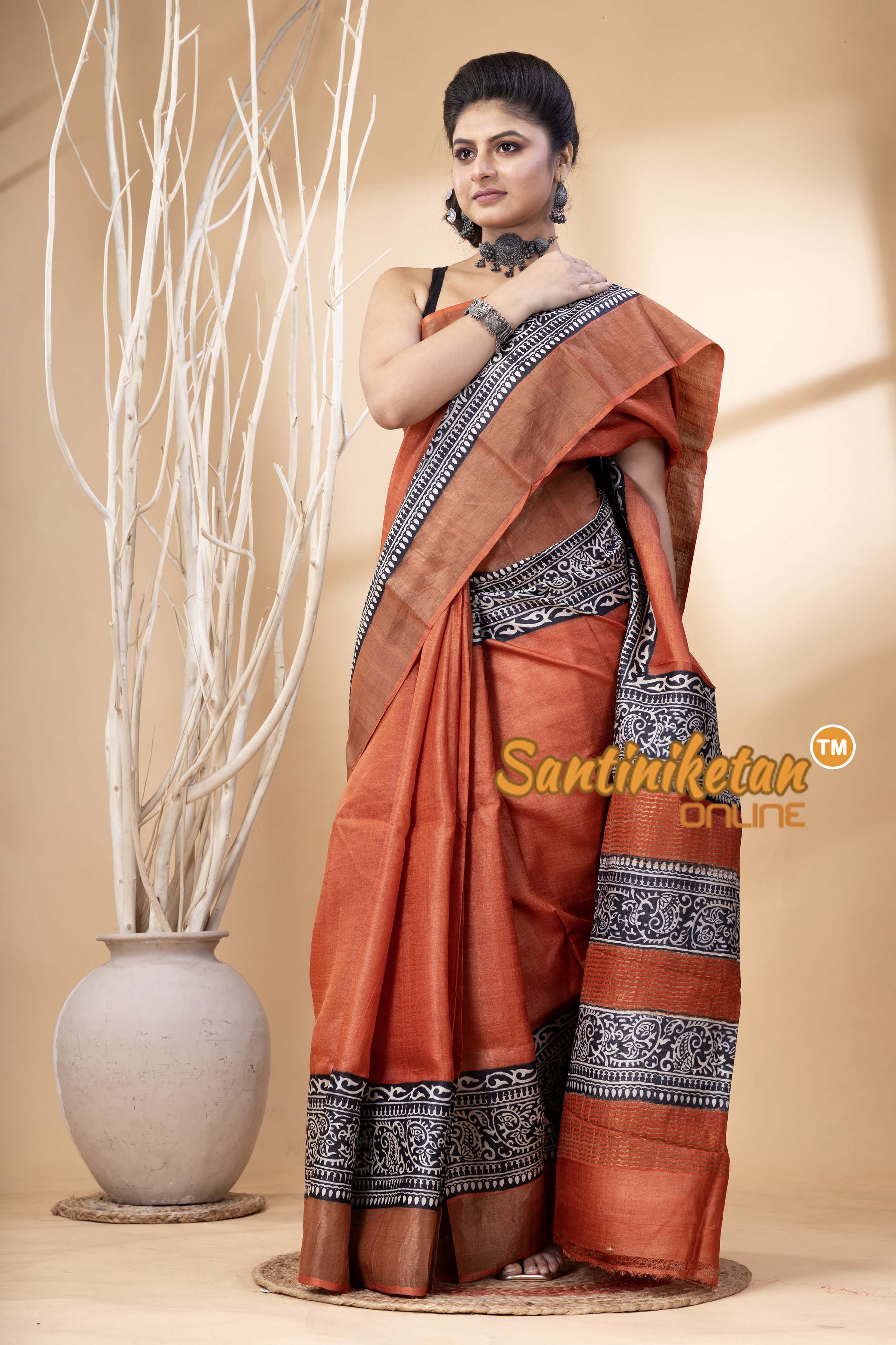 Pure Zari Tussar Hand Block Painted Saree SN202524598