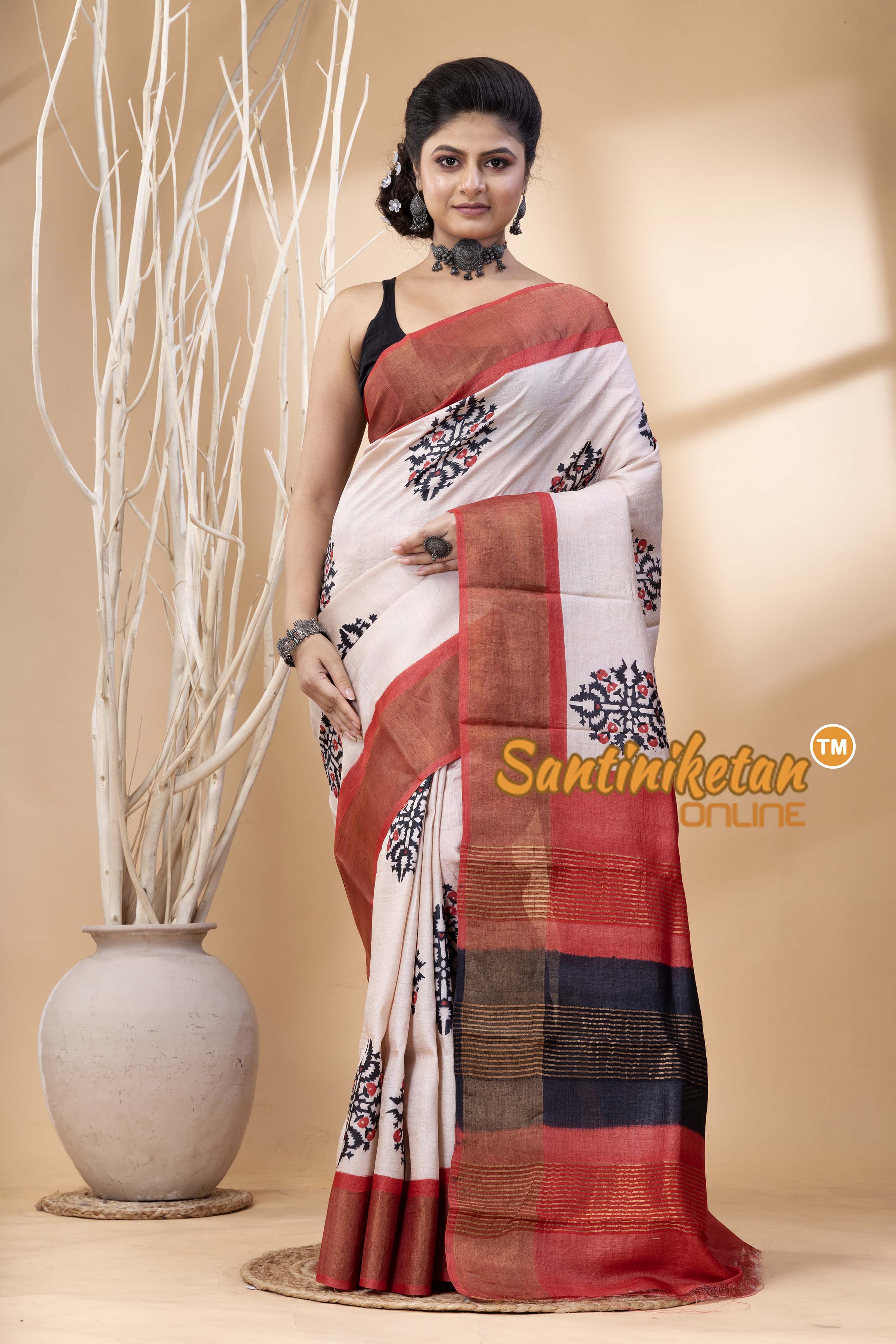 Pure Zari Tussar Hand Block Painted Saree SN202524603