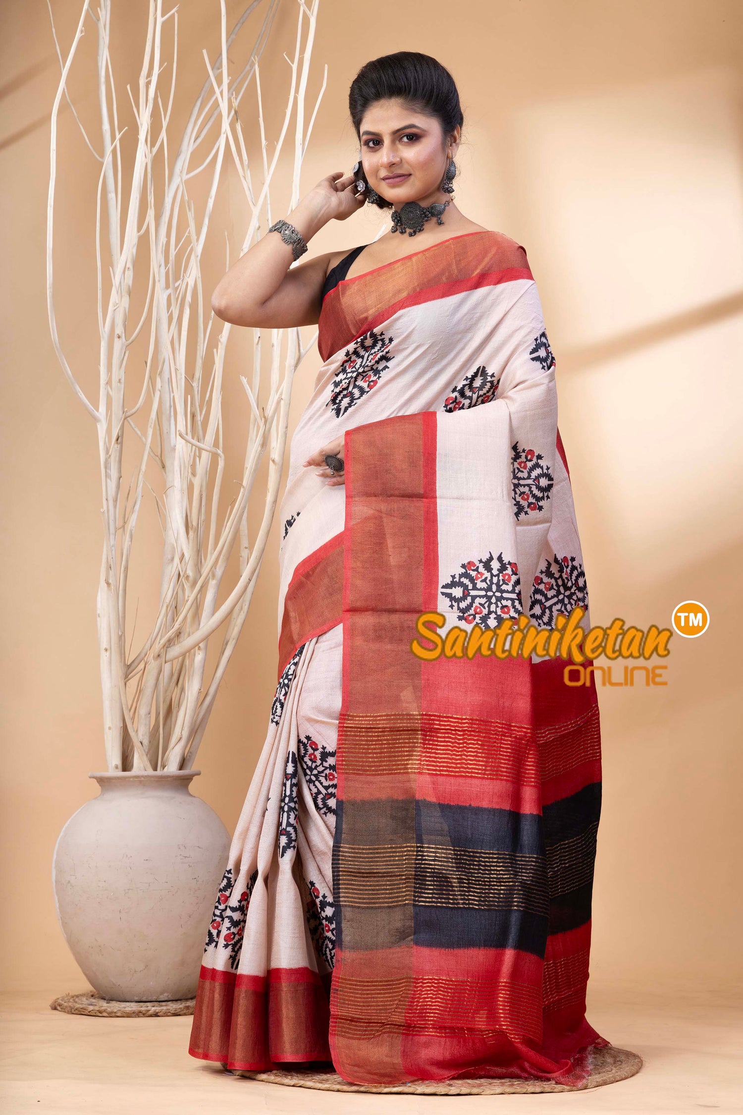Pure Zari Tussar Hand Block Painted Saree SN202524603