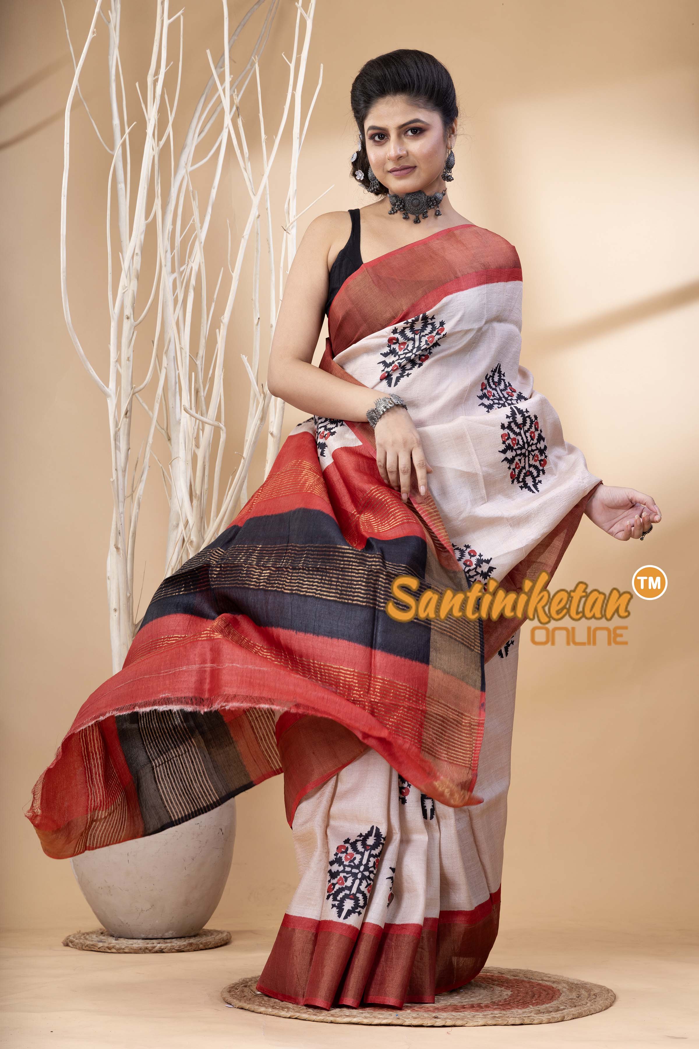 Pure Zari Tussar Hand Block Painted Saree SN202524603