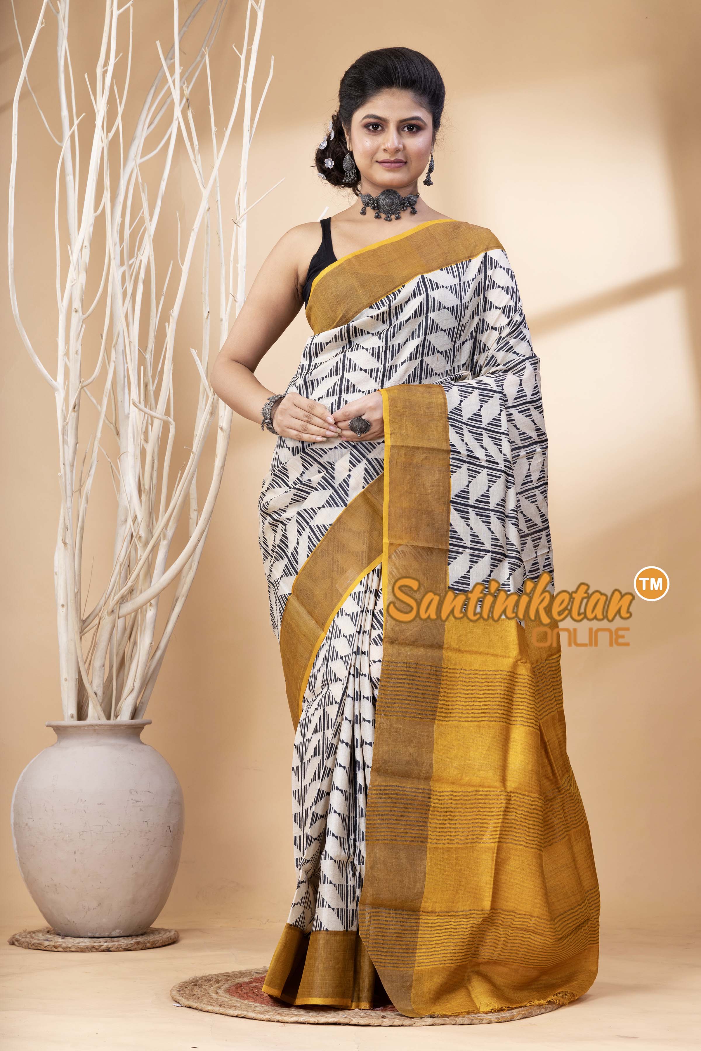 Pure Zari Tussar Hand Block Painted Saree SN202524609