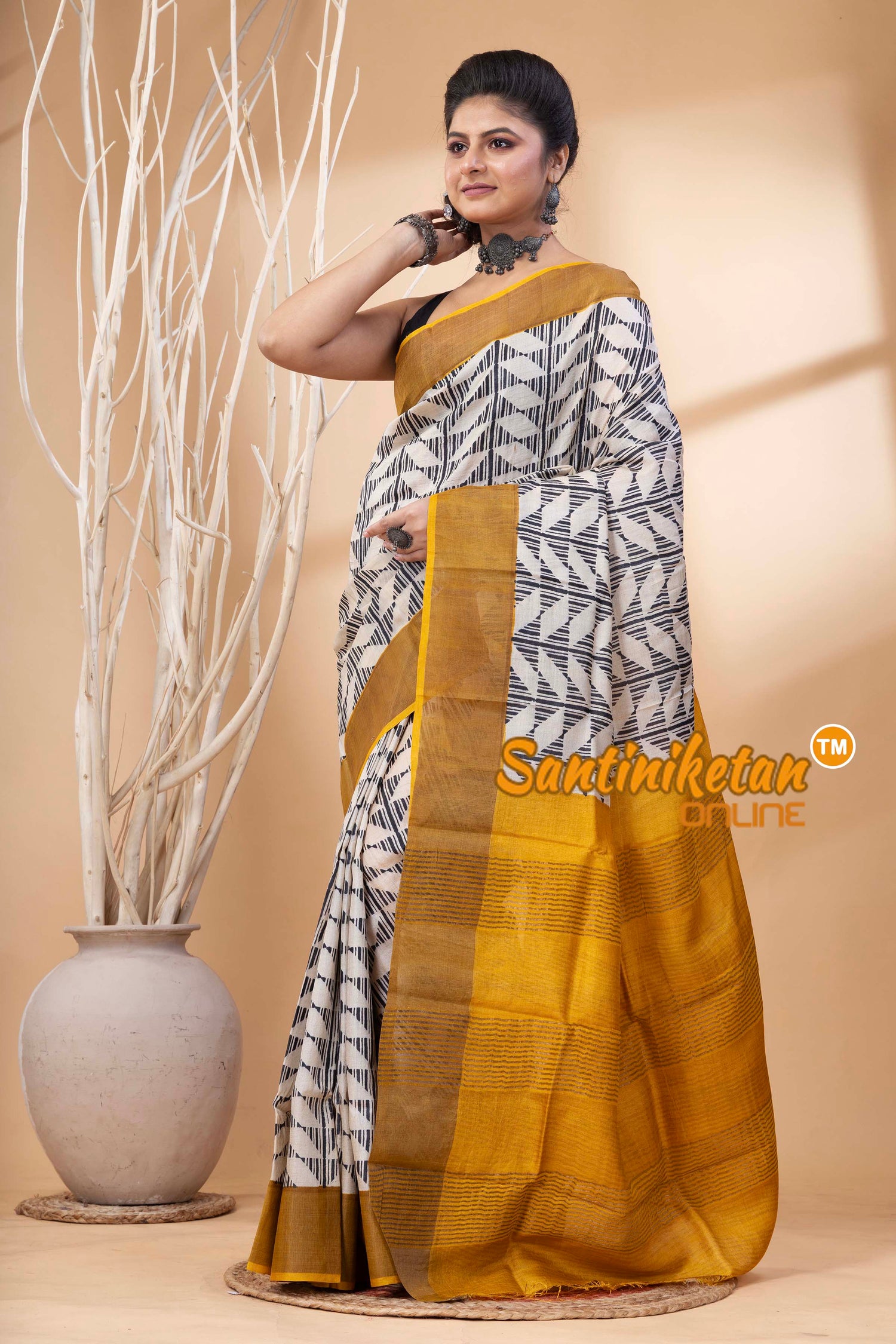 Pure Zari Tussar Hand Block Painted Saree SN202524609
