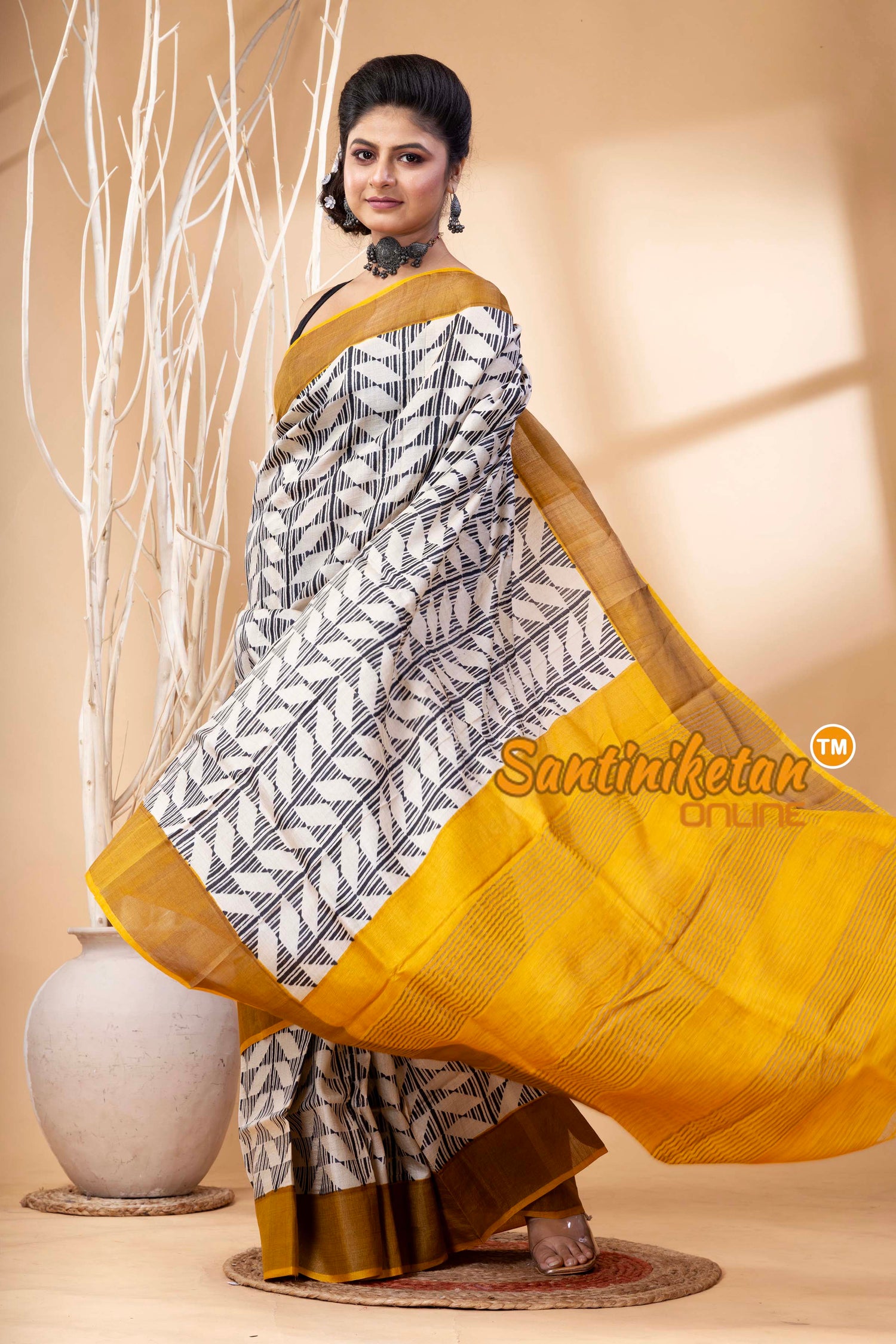 Pure Zari Tussar Hand Block Painted Saree SN202524609