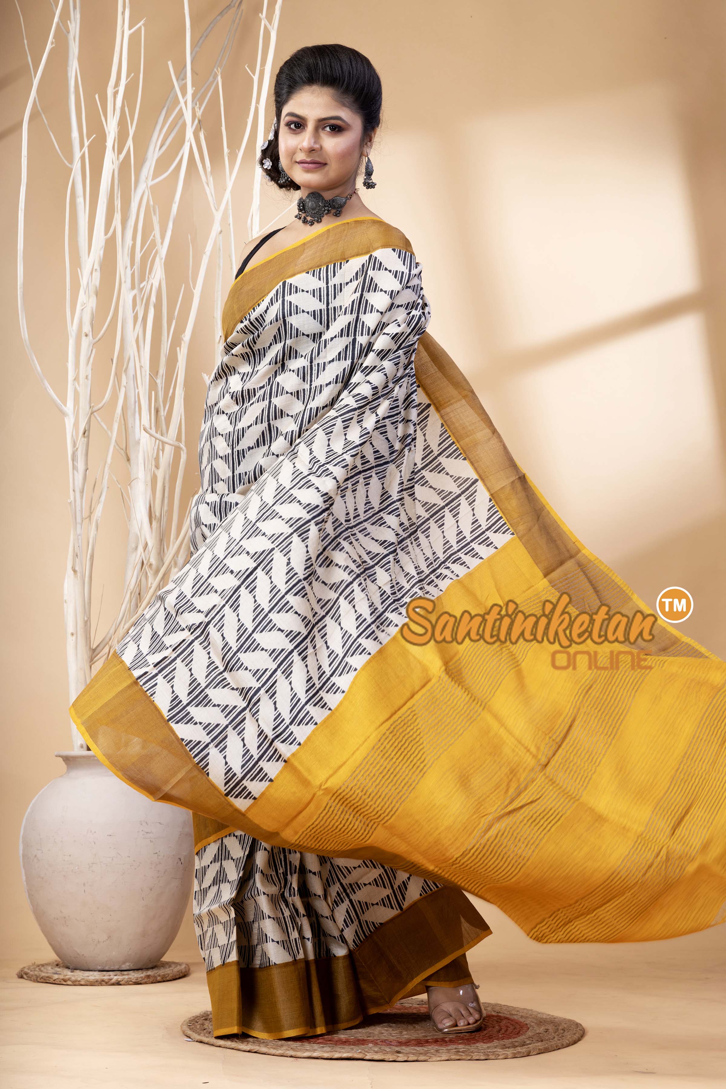 Pure Zari Tussar Hand Block Painted Saree SN202524609