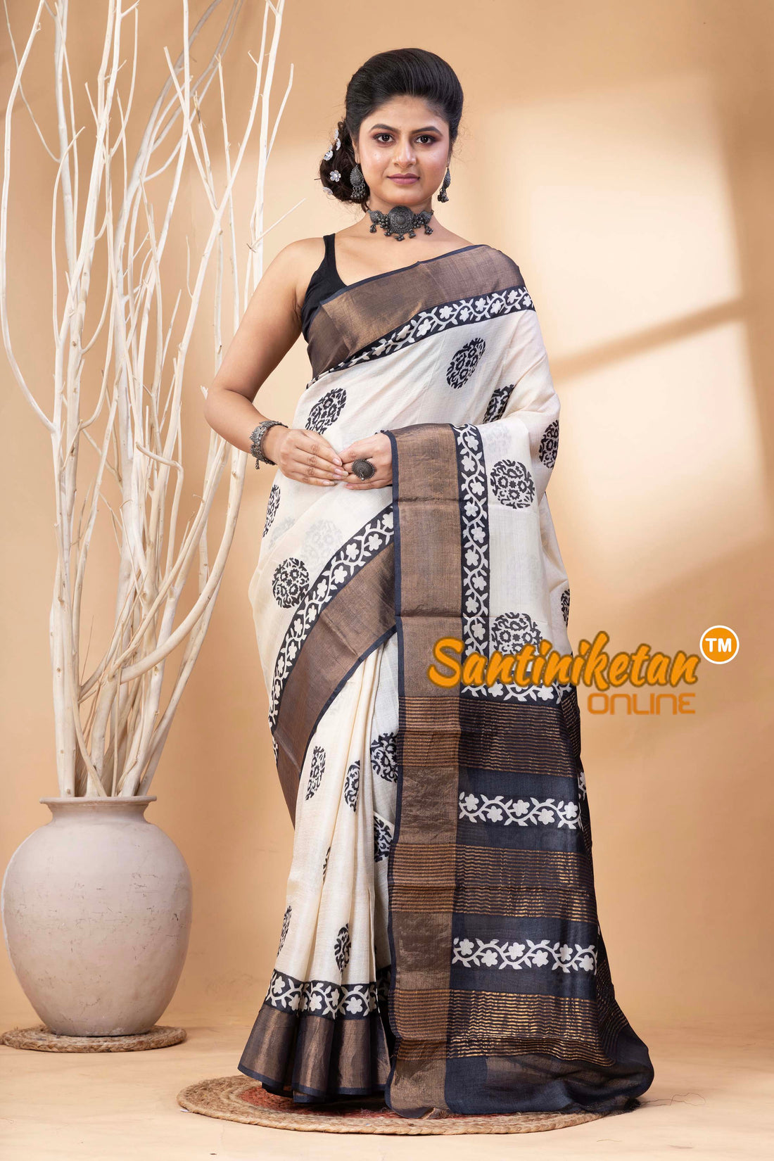 Pure Zari Tussar Hand Block Painted Saree SN202524615