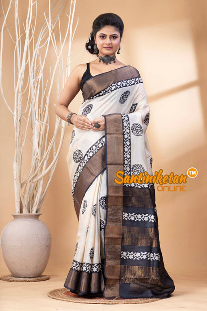 Pure Zari Tussar Hand Block Painted Saree SN202524615