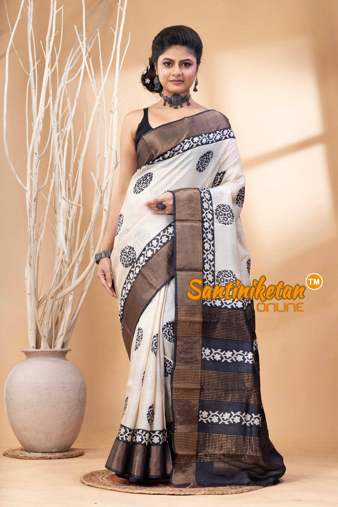Pure Zari Tussar Hand Block Painted Saree SN202524615