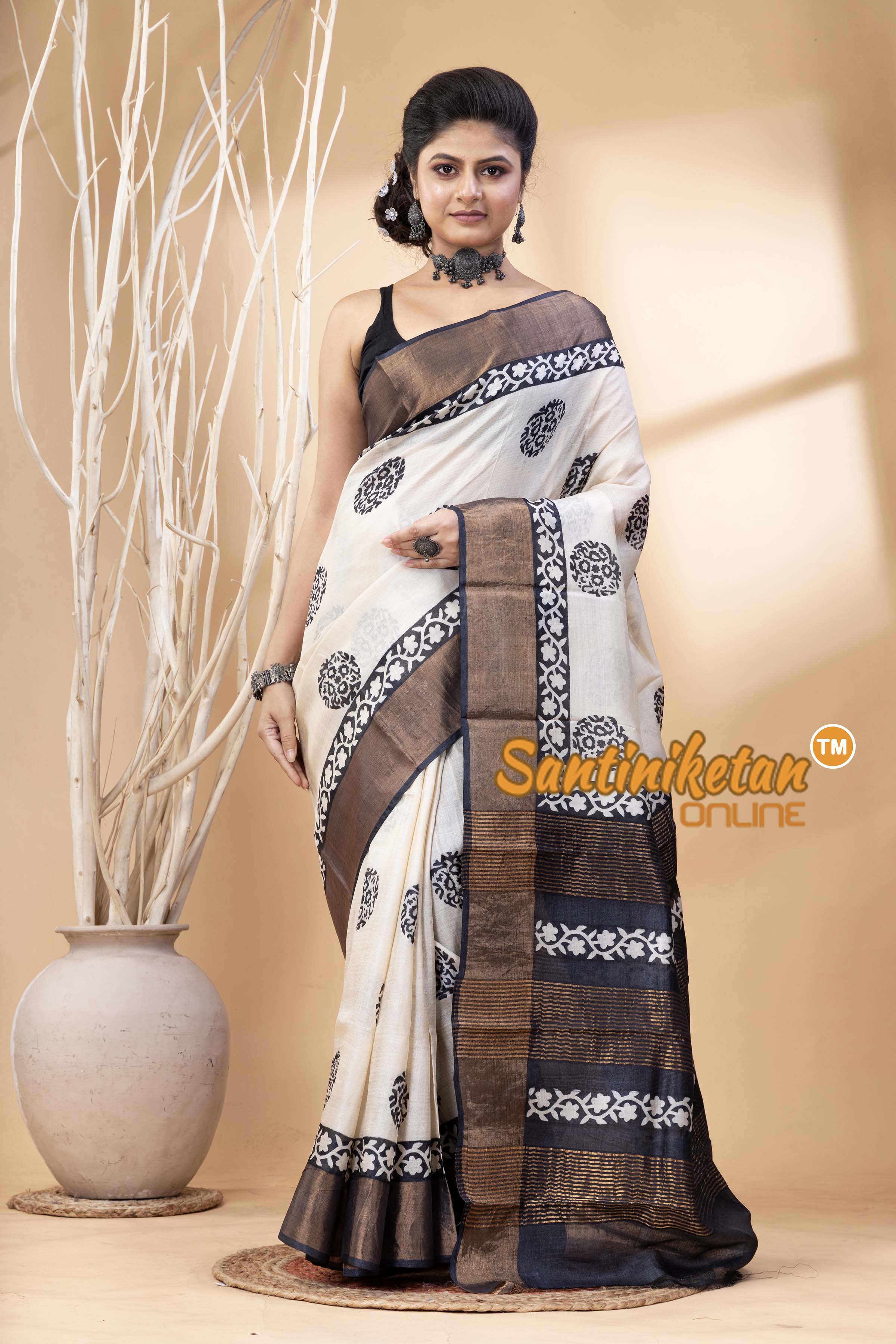 Pure Zari Tussar Hand Block Painted Saree SN202524615