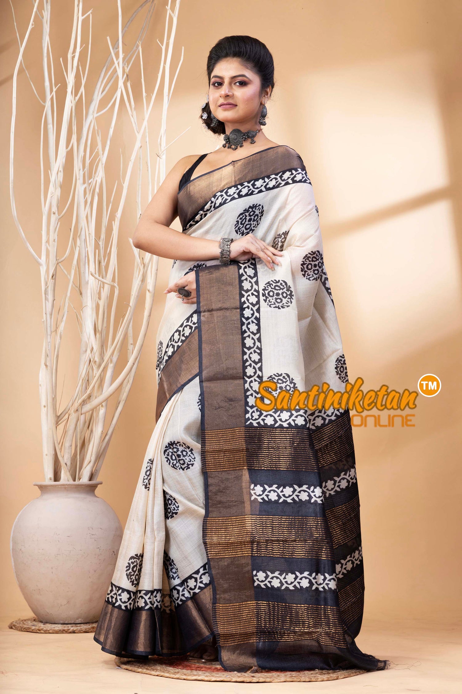 Pure Zari Tussar Hand Block Painted Saree SN202524615