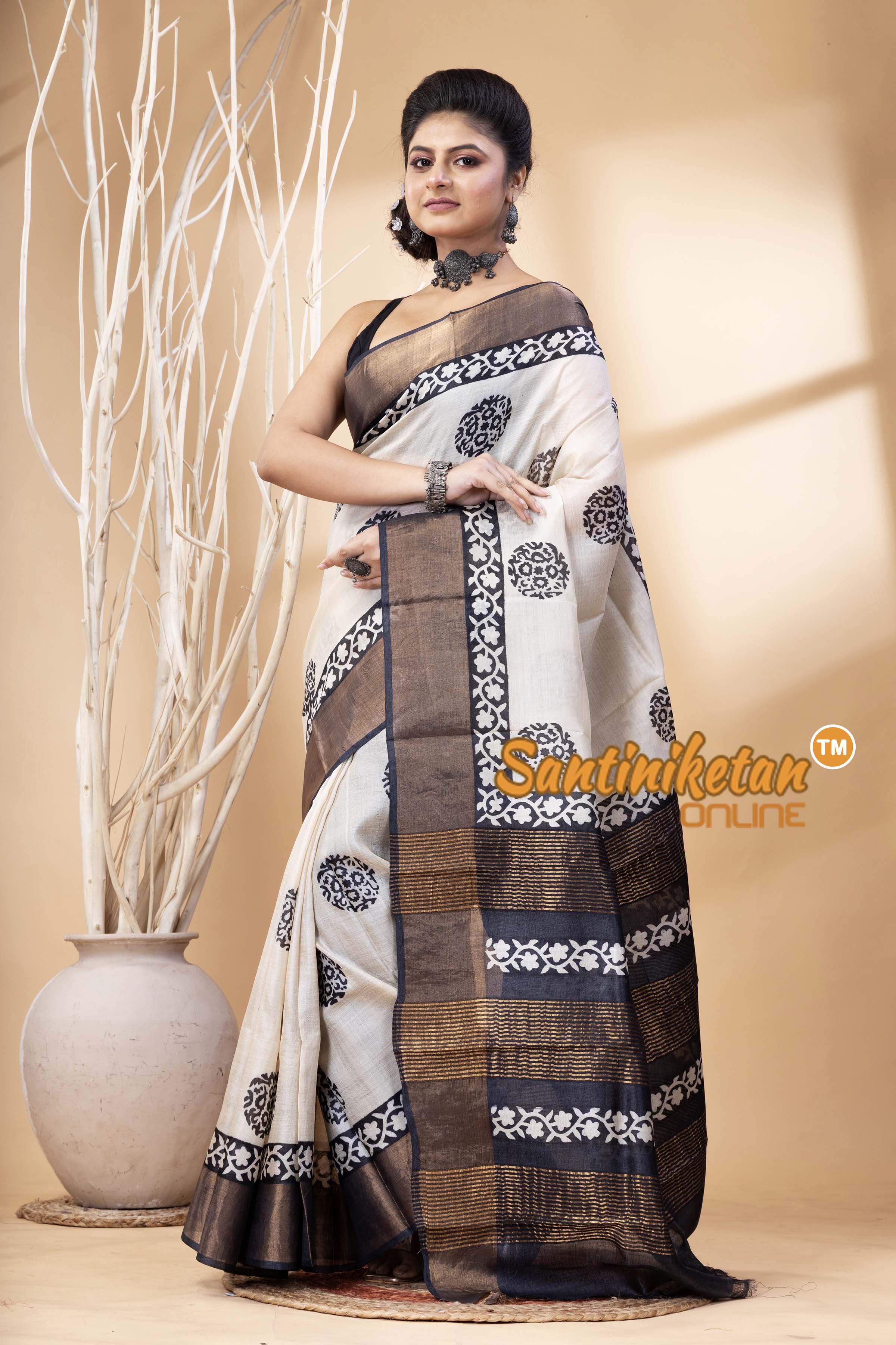 Pure Zari Tussar Hand Block Painted Saree SN202524615