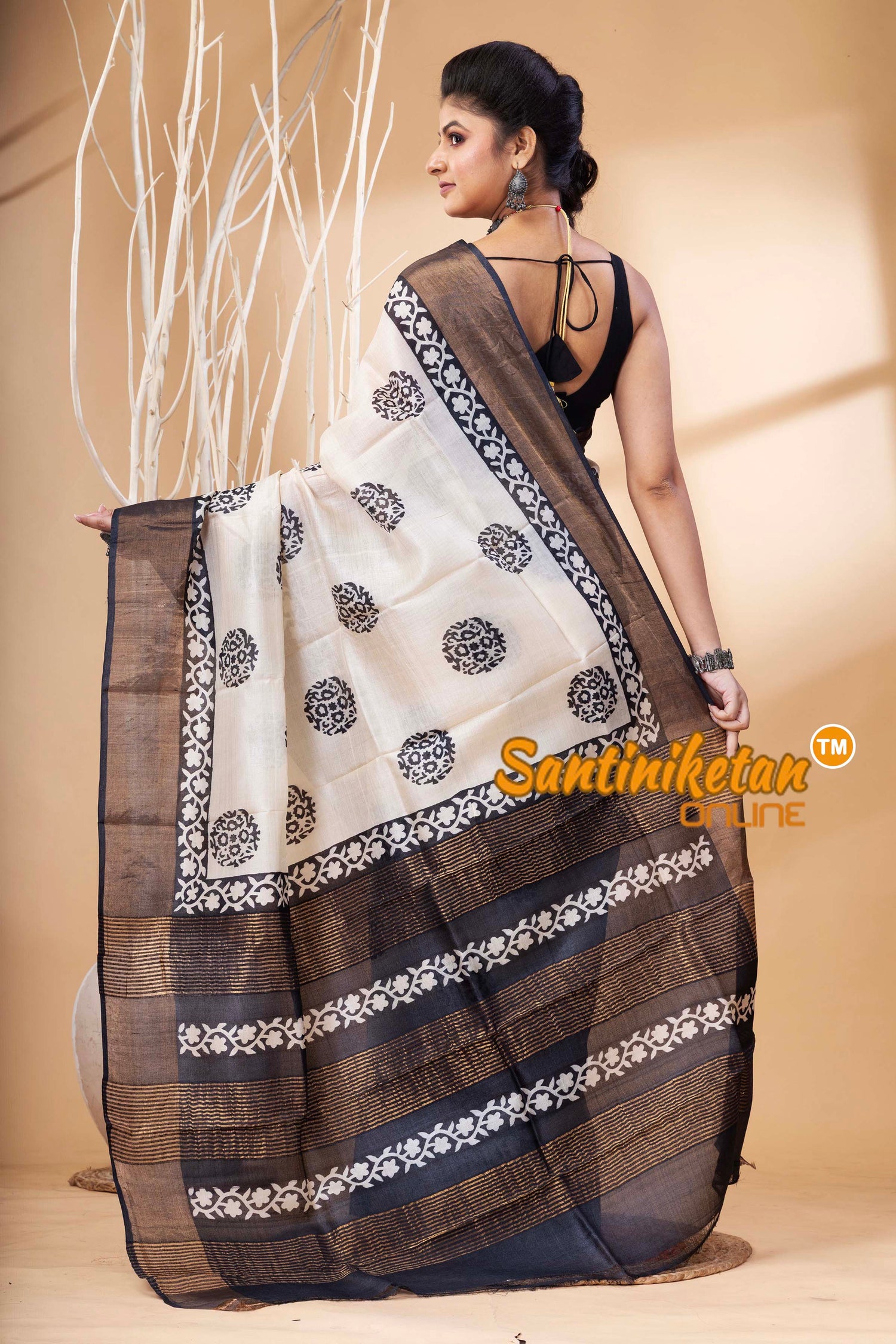 Pure Zari Tussar Hand Block Painted Saree SN202524615