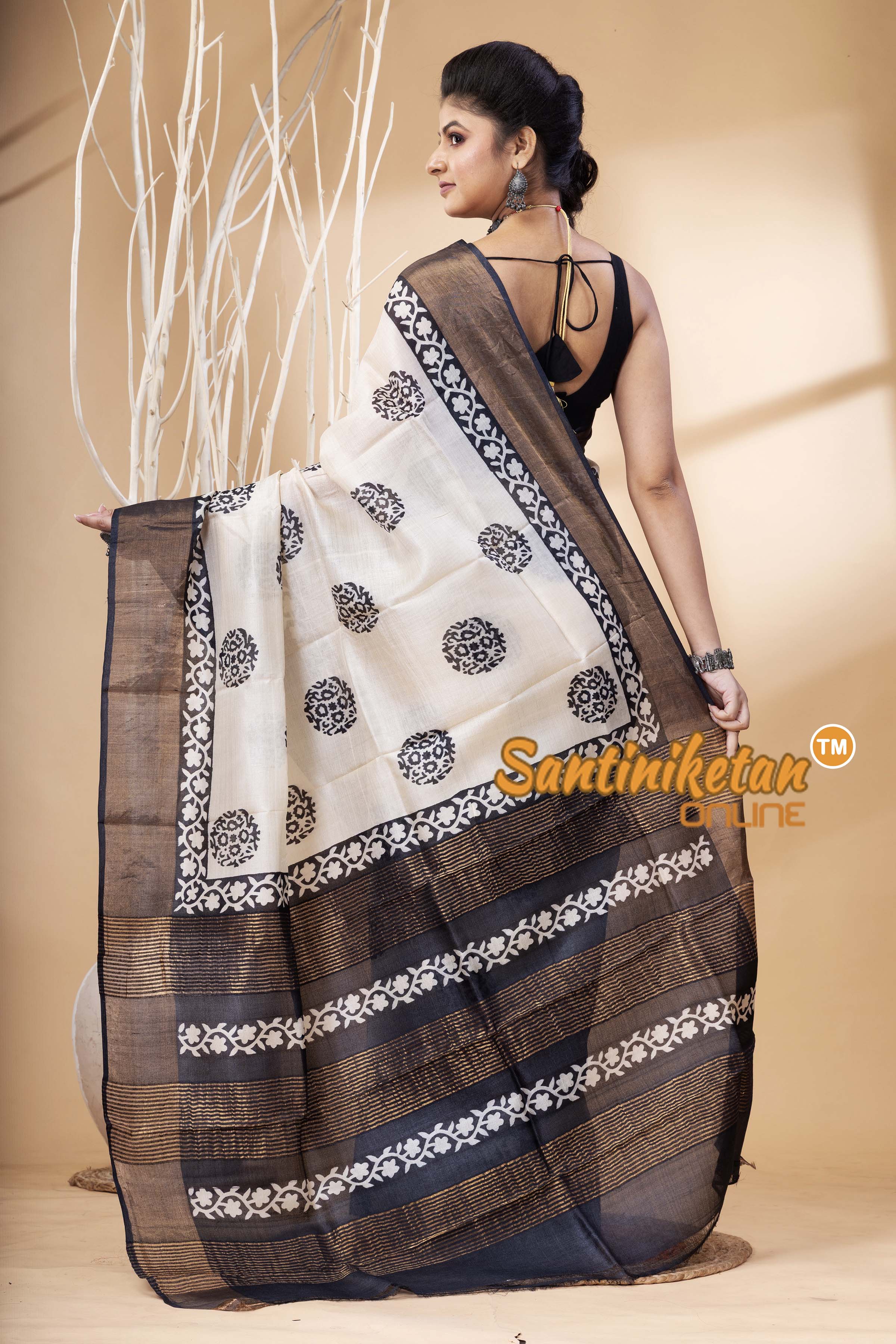 Pure Zari Tussar Hand Block Painted Saree SN202524615