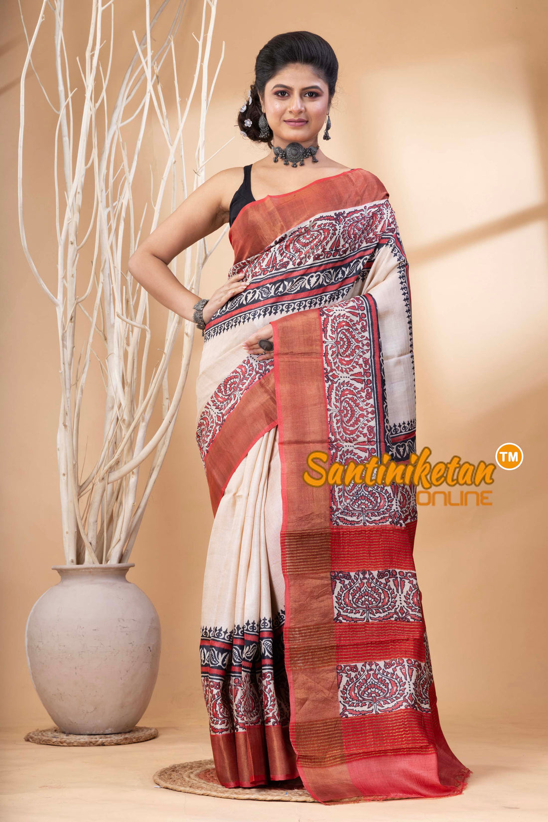 Pure Zari Tussar Hand Block Painted Saree SN202524621