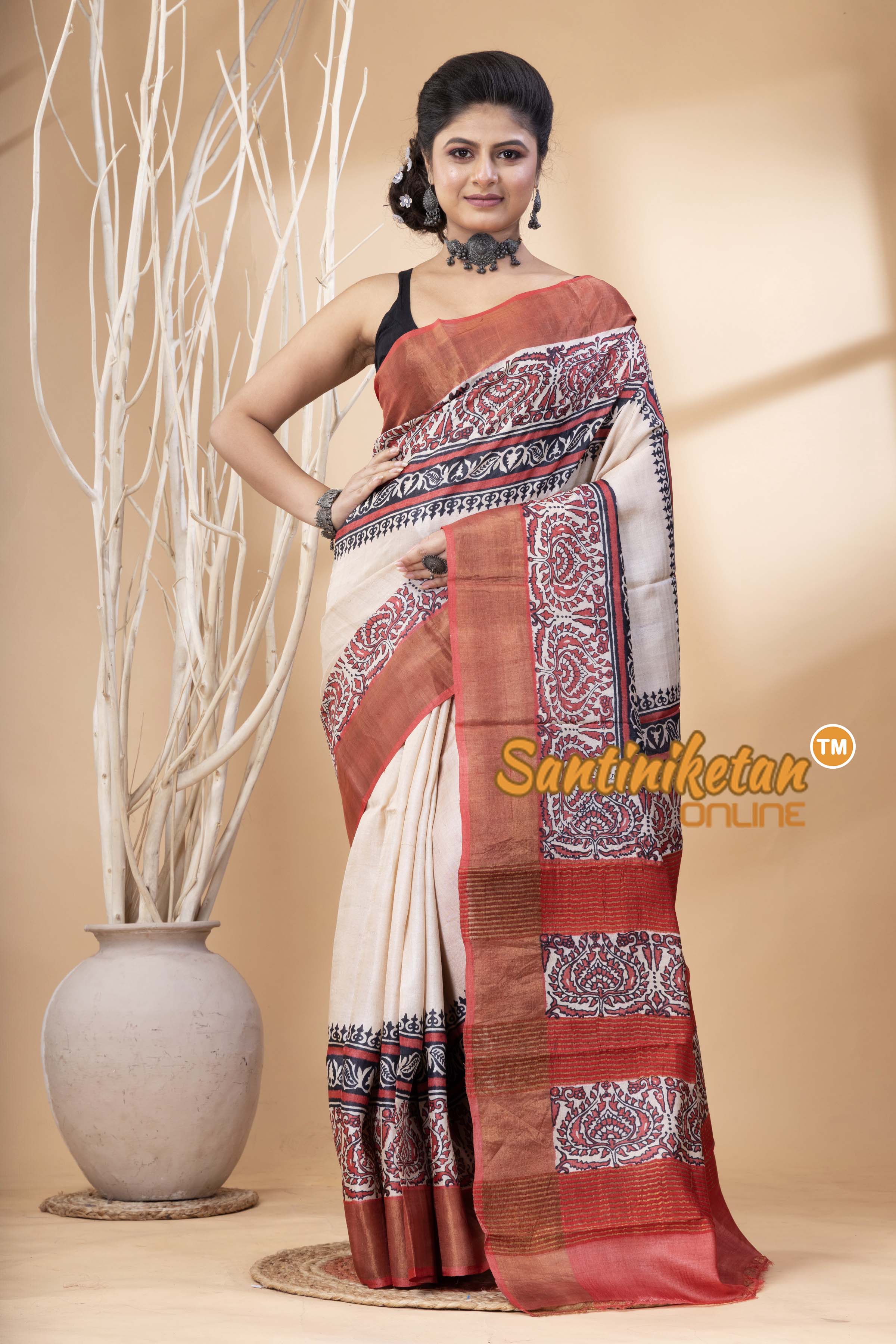 Pure Zari Tussar Hand Block Painted Saree SN202524621