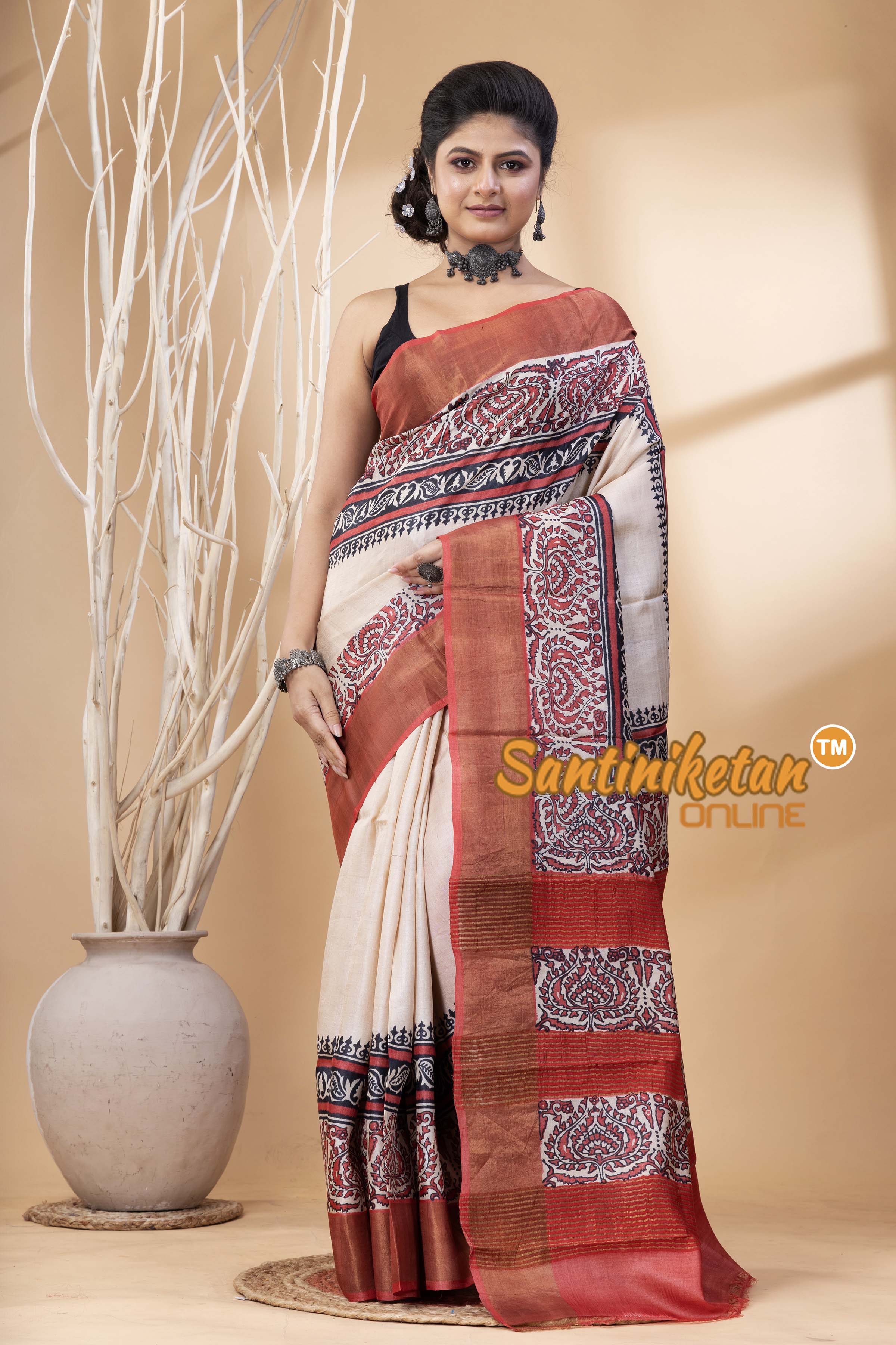 Pure Zari Tussar Hand Block Painted Saree SN202524621