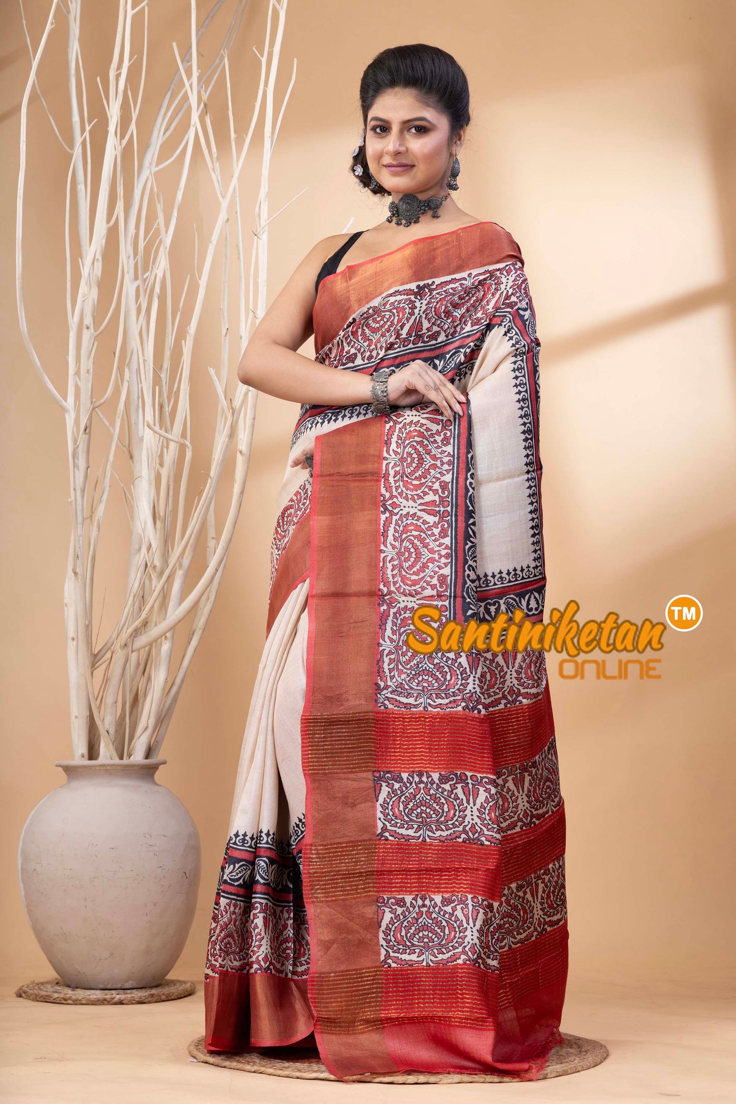 Pure Zari Tussar Hand Block Painted Saree SN202524621