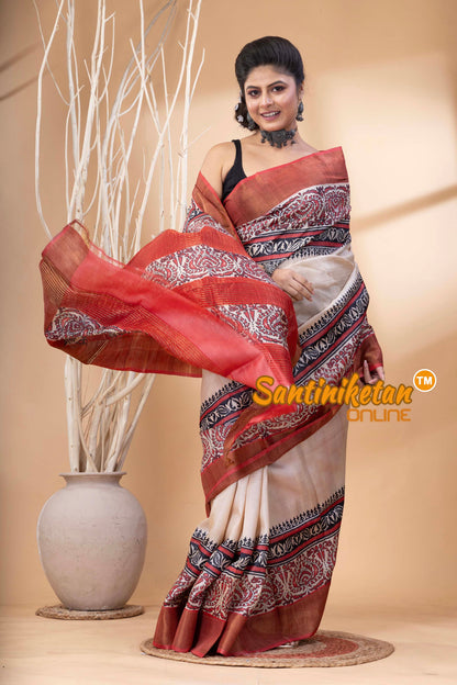 Pure Zari Tussar Hand Block Painted Saree SN202524621