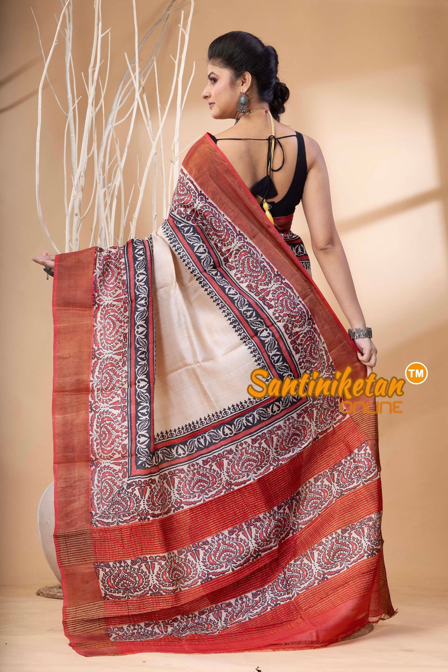 Pure Zari Tussar Hand Block Painted Saree SN202524621