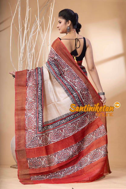 Pure Zari Tussar Hand Block Painted Saree SN202524621