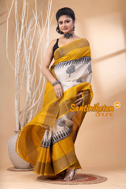 Pure Zari Tussar Hand Block Painted Saree SN202524627