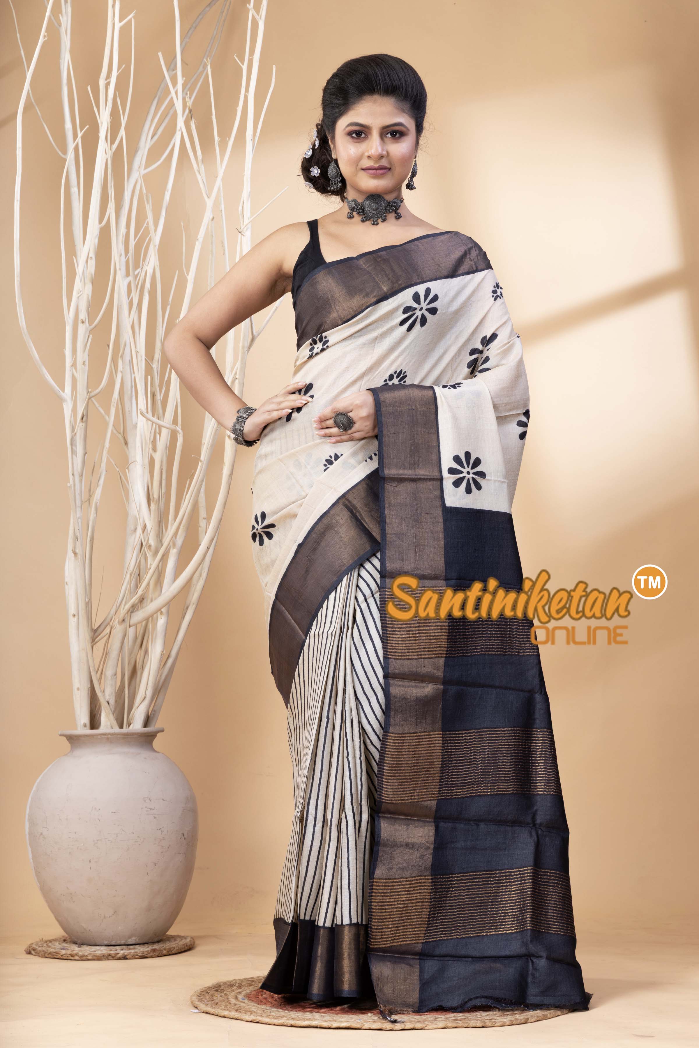 Pure Zari Tussar Hand Block Painted Saree SN202524633