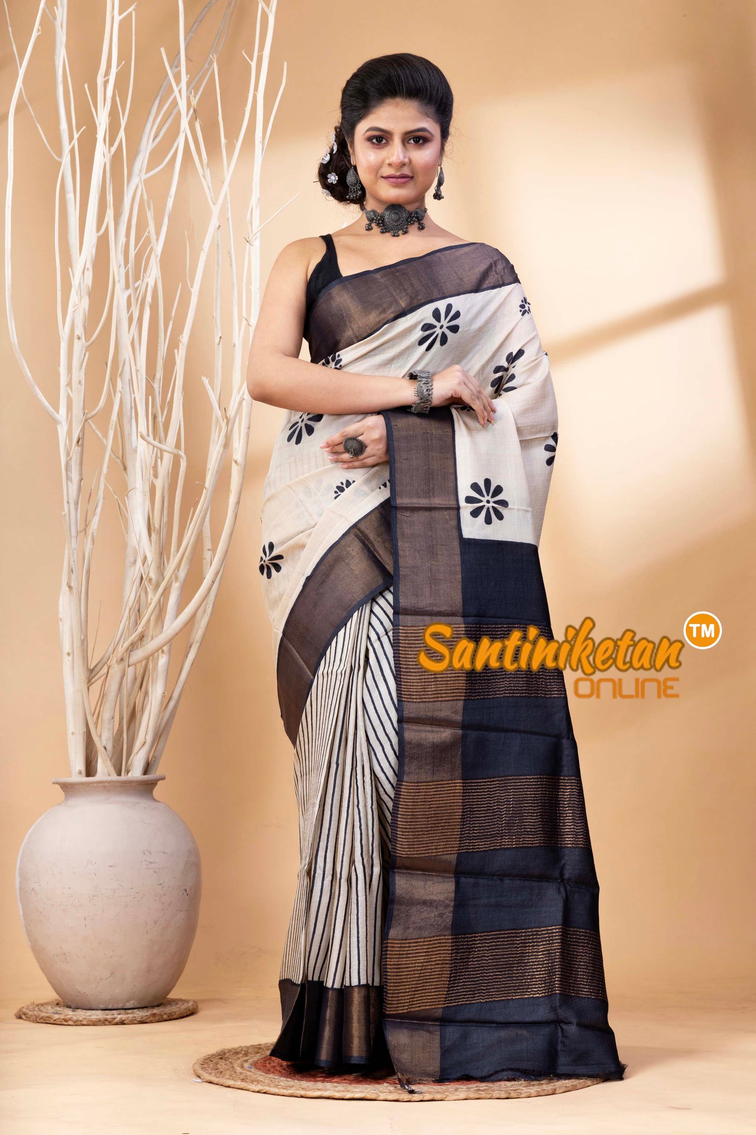 Pure Zari Tussar Hand Block Painted Saree SN202524633