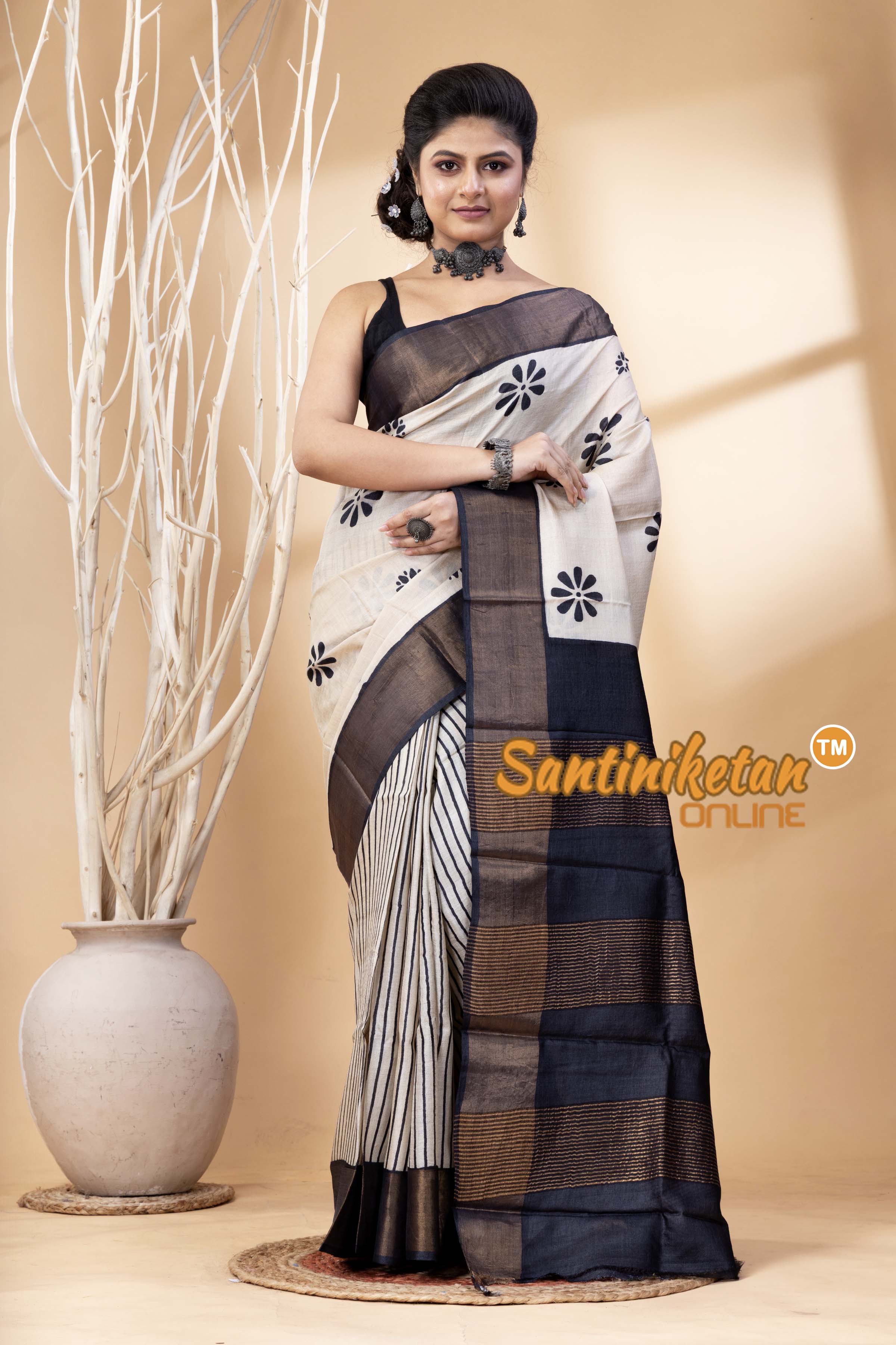 Pure Zari Tussar Hand Block Painted Saree SN202524633
