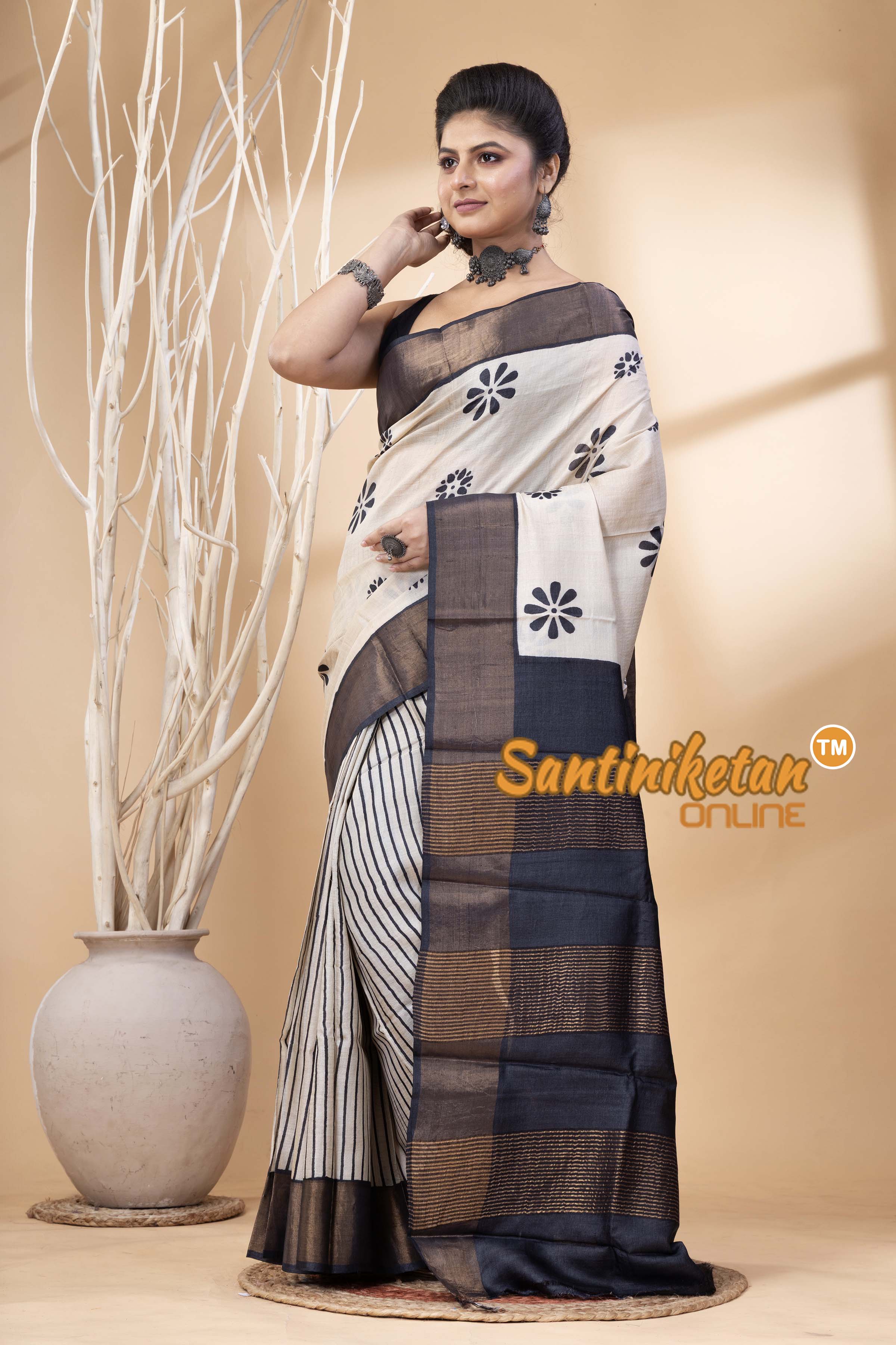 Pure Zari Tussar Hand Block Painted Saree SN202524633