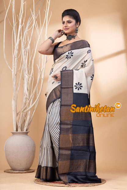 Pure Zari Tussar Hand Block Painted Saree SN202524633