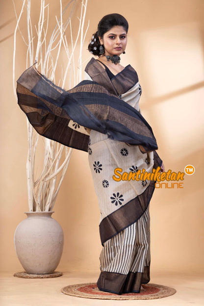 Pure Zari Tussar Hand Block Painted Saree SN202524633